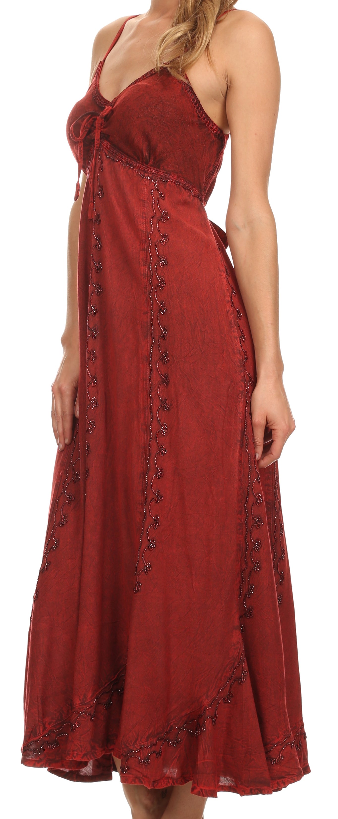Sakkas - Allie Stonewashed Embroidered Adjustable Spaghetti Straps Long Dress