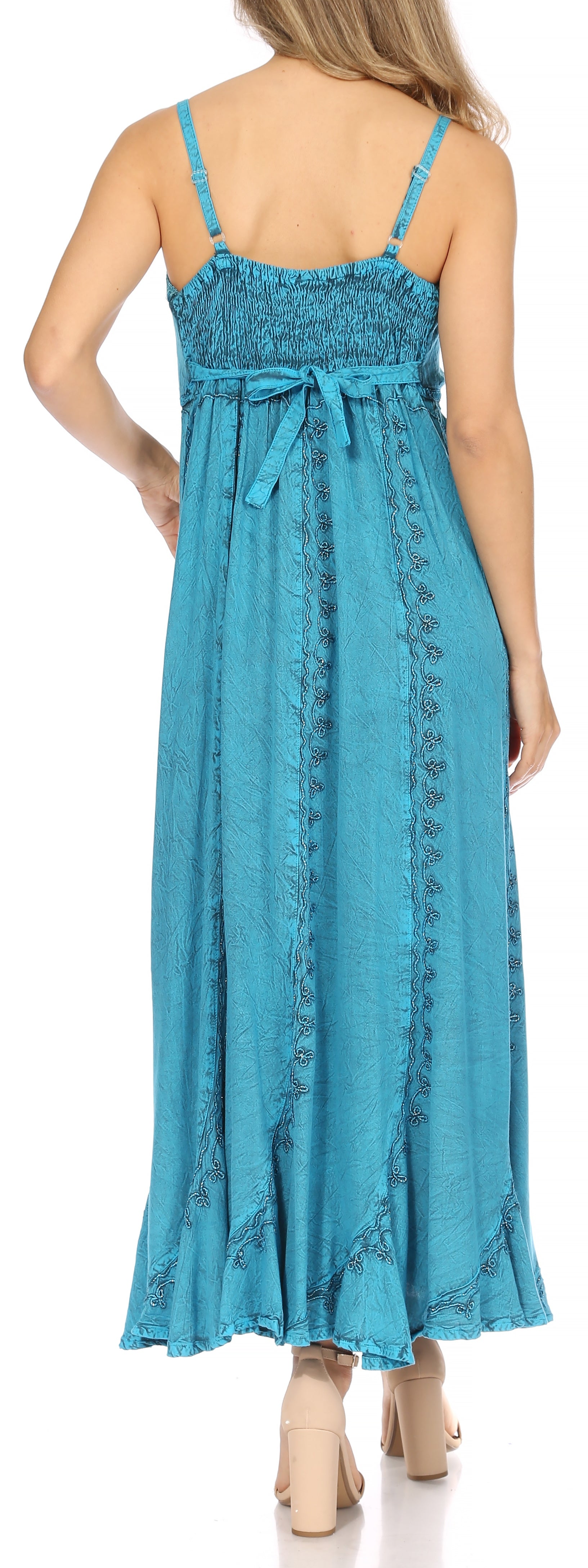 Sakkas - Allie Stonewashed Embroidered Adjustable Spaghetti Straps Long Dress