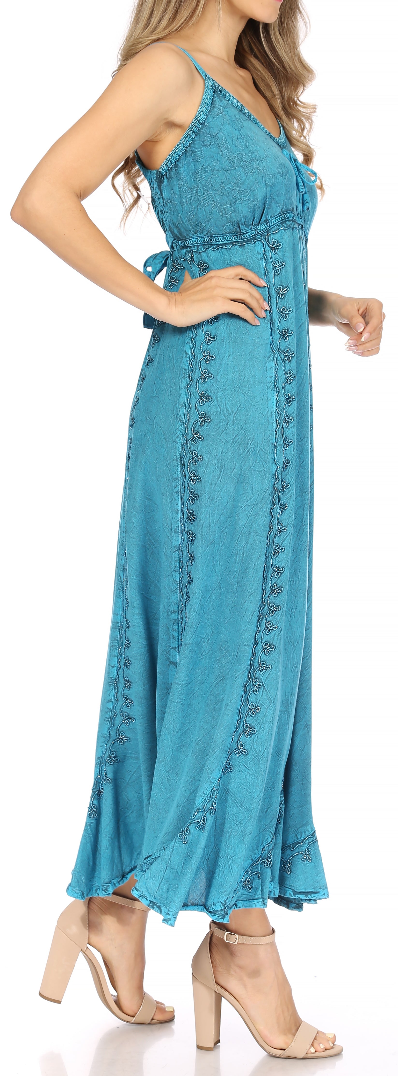 Sakkas - Allie Stonewashed Embroidered Adjustable Spaghetti Straps Long Dress