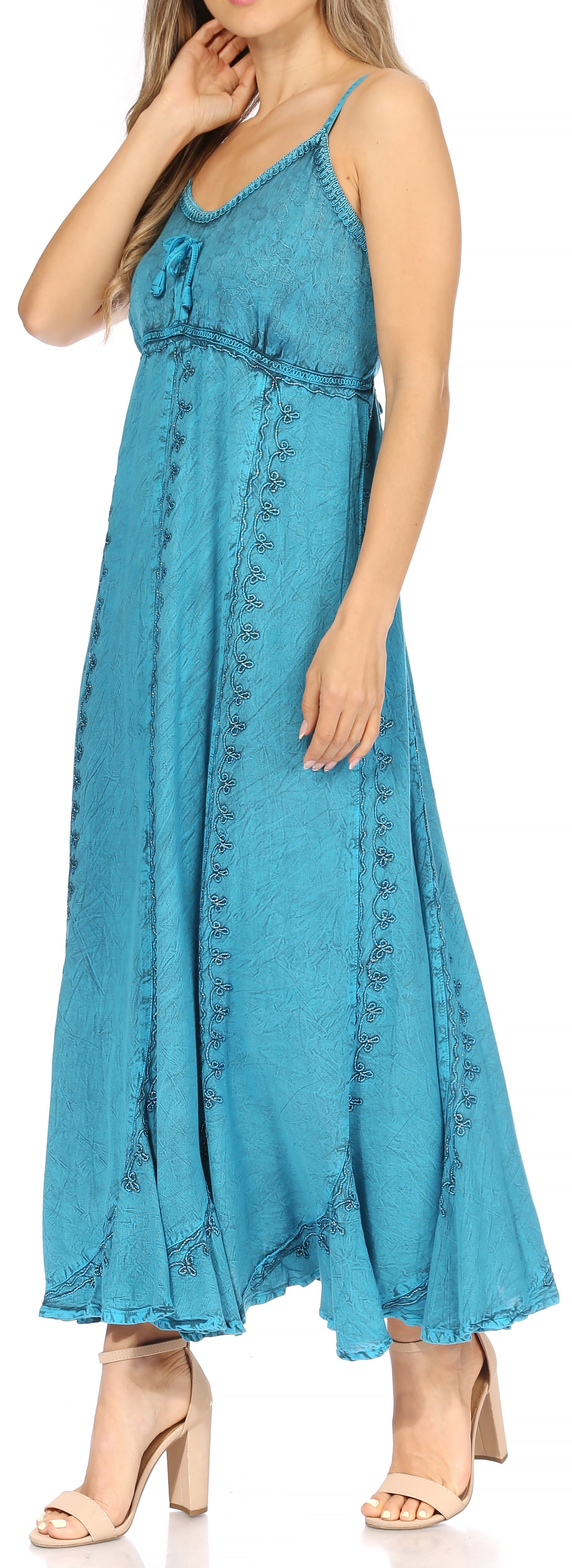 Sakkas - Allie Stonewashed Embroidered Adjustable Spaghetti Straps Long Dress
