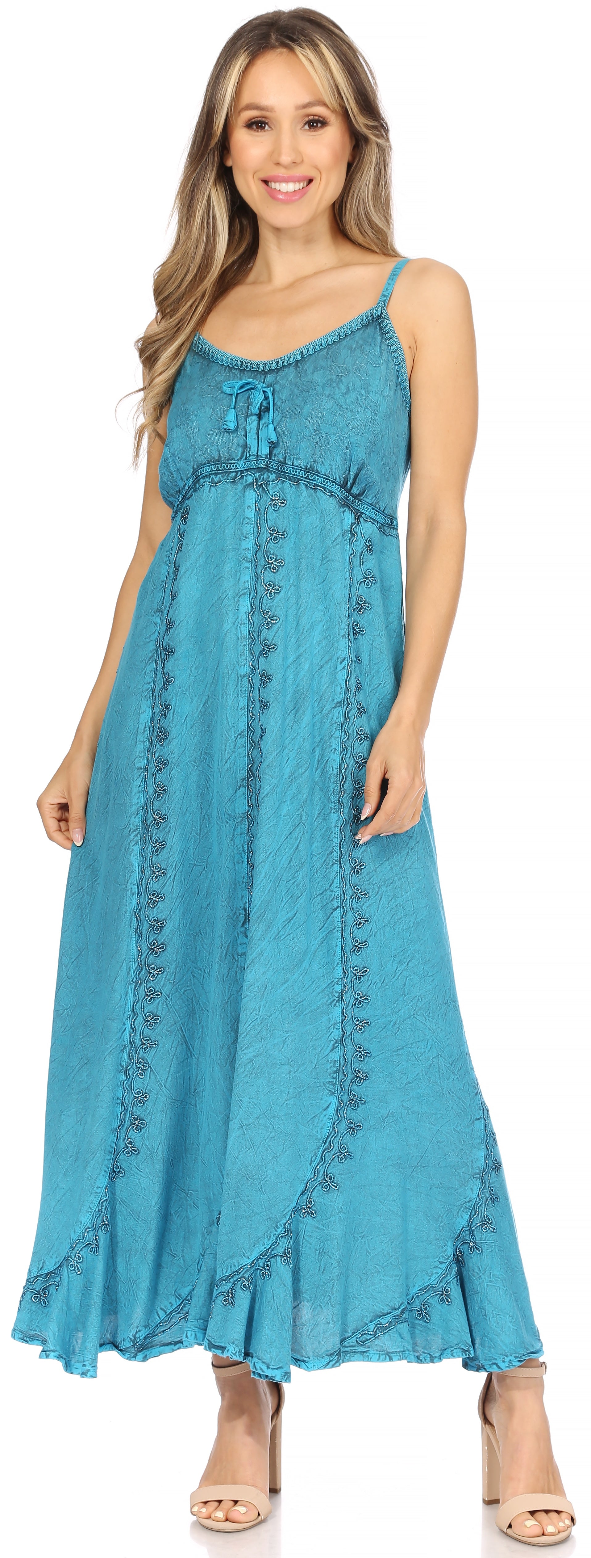 Sakkas - Allie Stonewashed Embroidered Adjustable Spaghetti Straps Long Dress