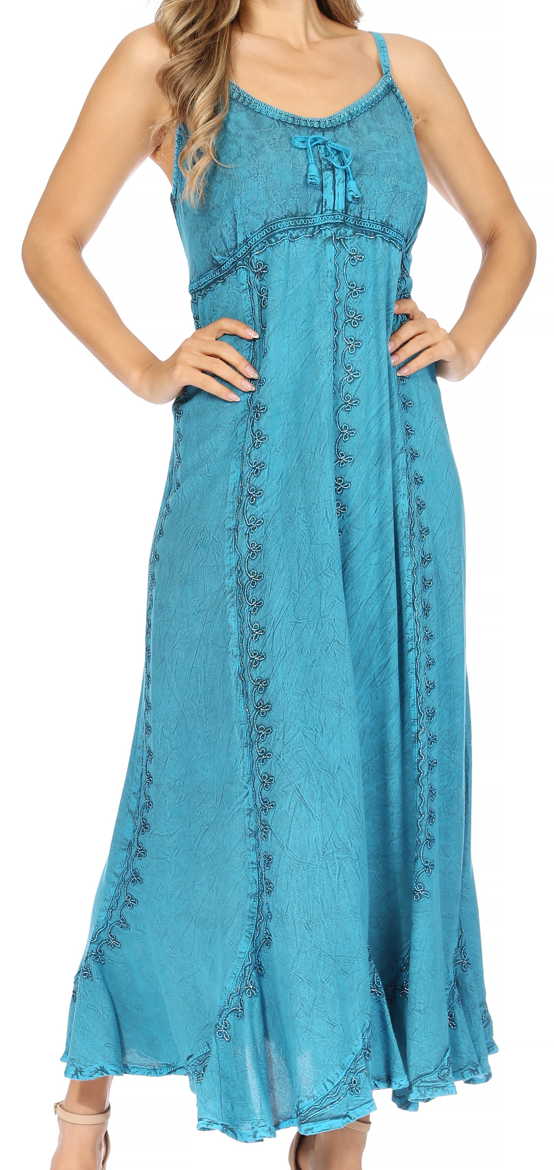 Sakkas - Allie Stonewashed Embroidered Adjustable Spaghetti Straps Long Dress