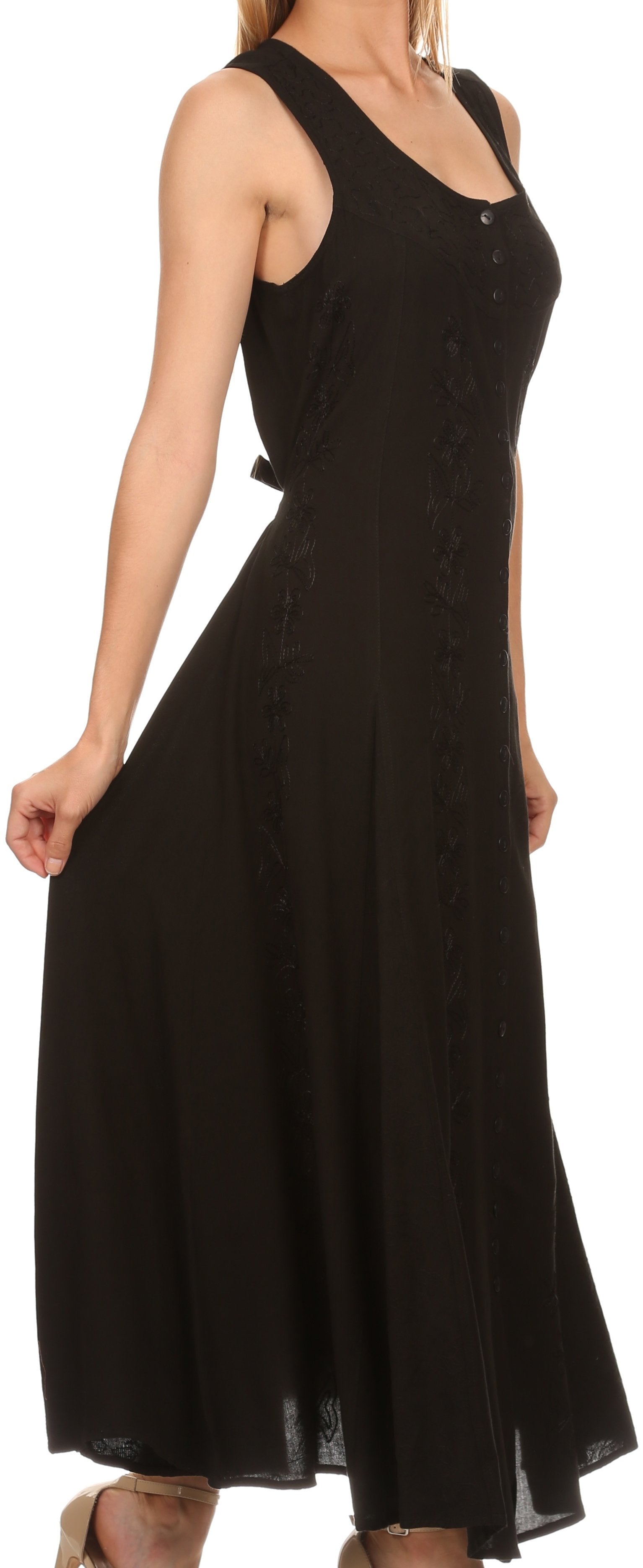Sakkas - Maya Floral Embroidered Sleeveless Button Up Rayon Dress