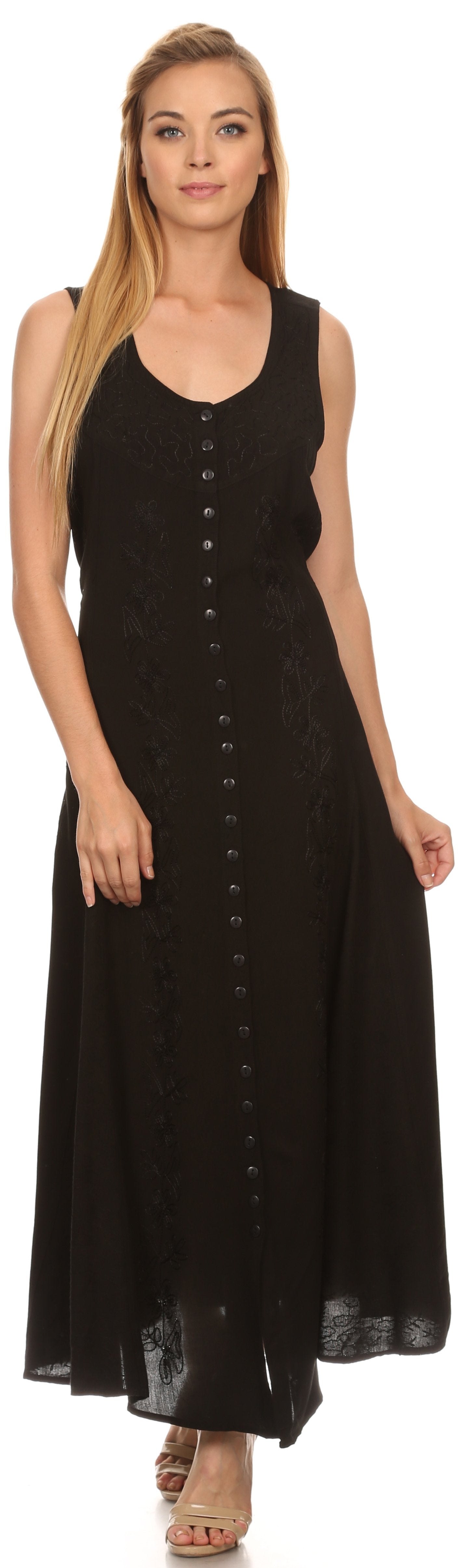 Sakkas - Maya Floral Embroidered Sleeveless Button Up Rayon Dress