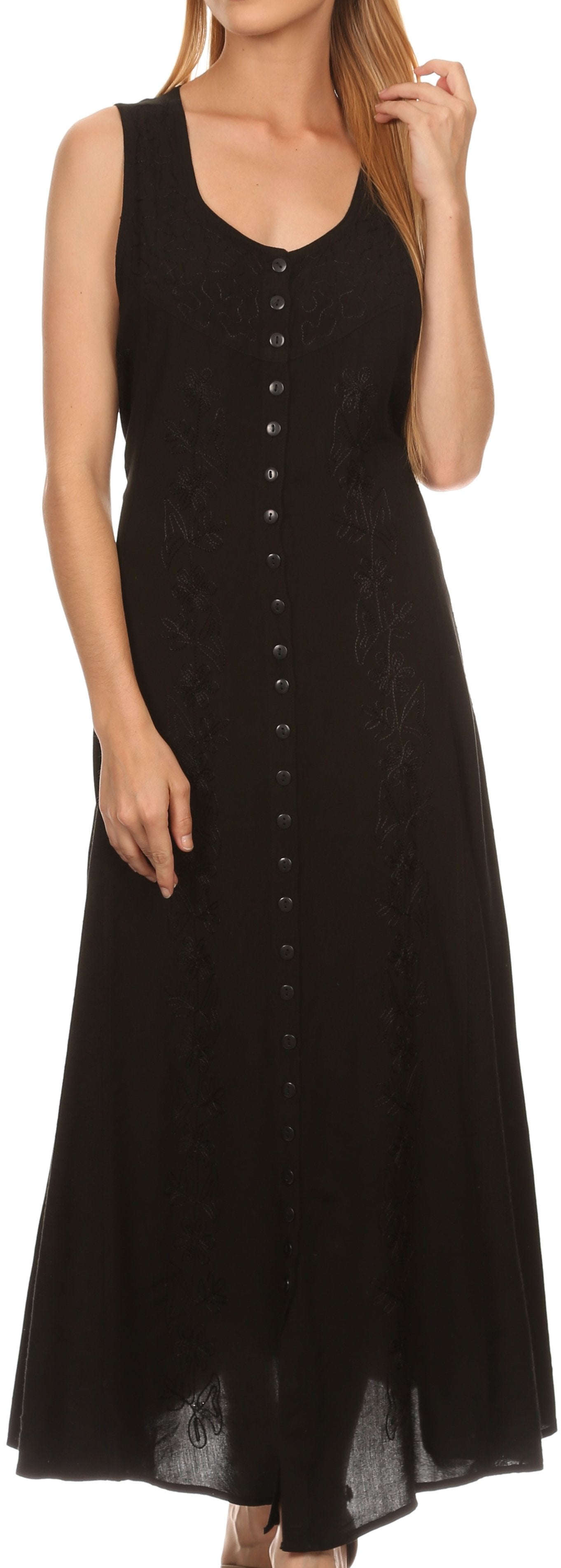Sakkas - Maya Floral Embroidered Sleeveless Button Up Rayon Dress