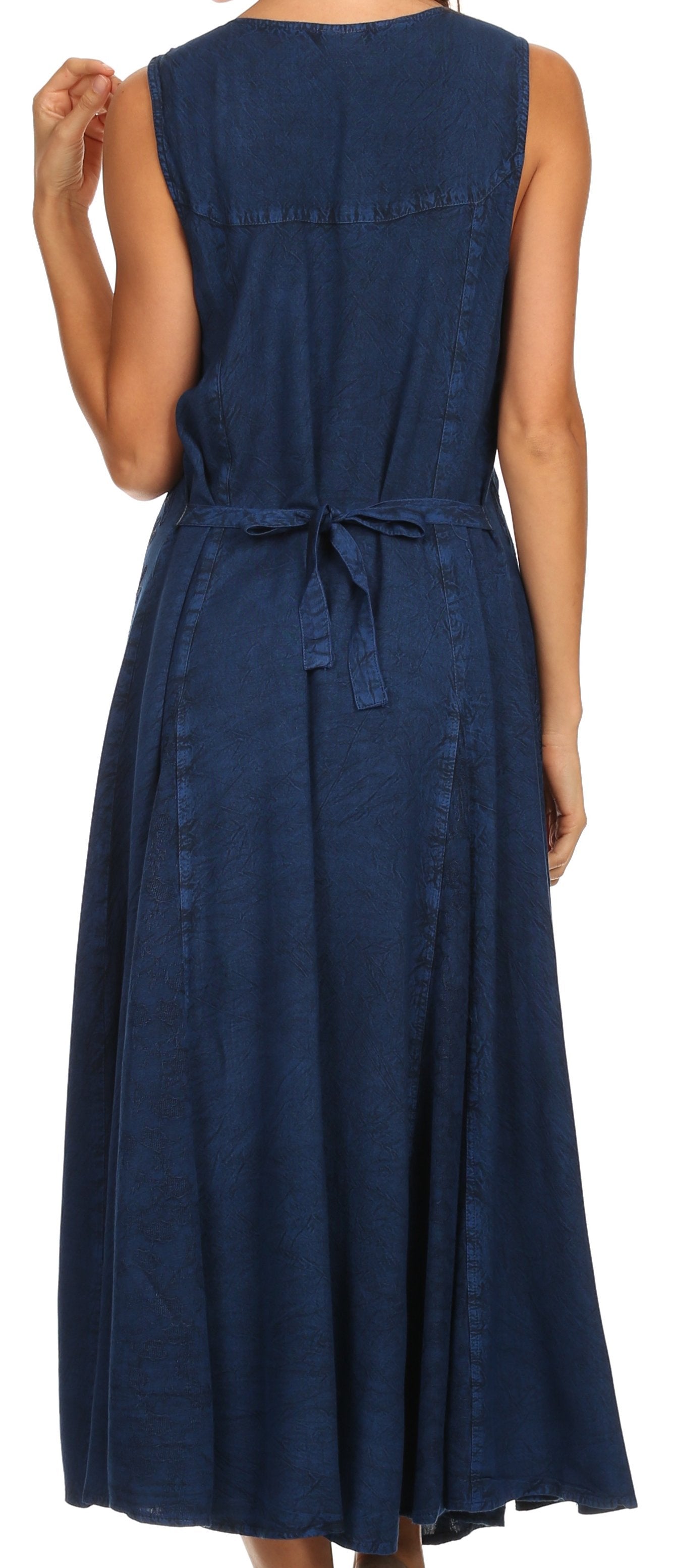 Sakkas - Maya Floral Embroidered Sleeveless Button Up Rayon Dress