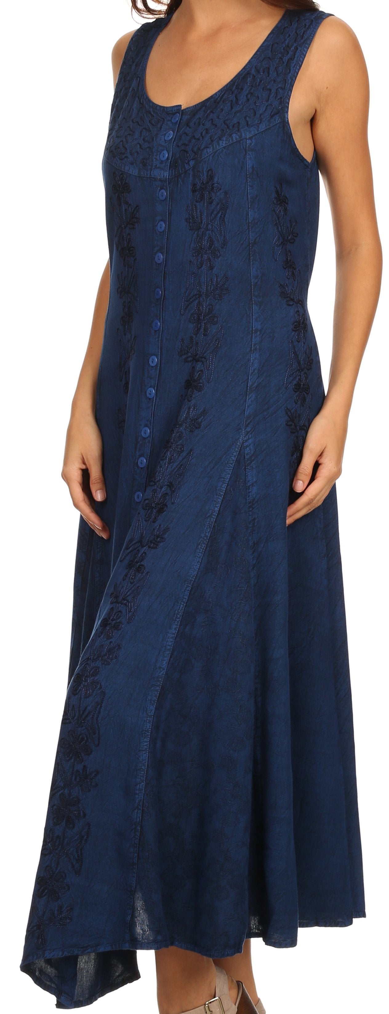 Sakkas - Maya Floral Embroidered Sleeveless Button Up Rayon Dress