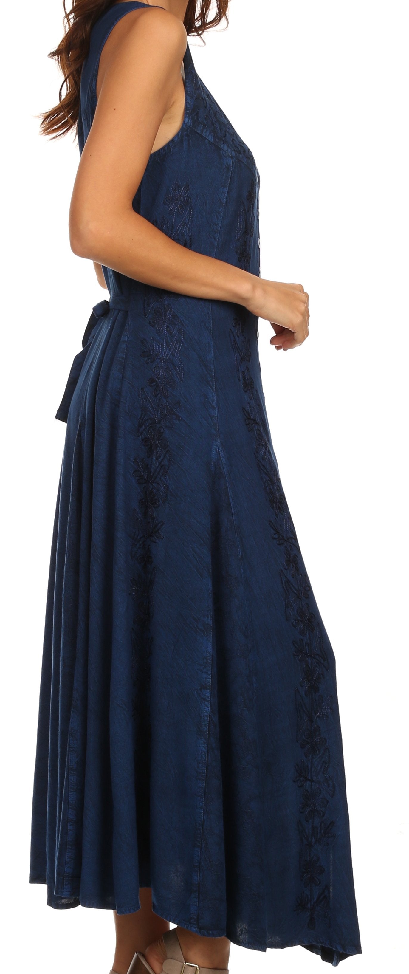 Sakkas - Maya Floral Embroidered Sleeveless Button Up Rayon Dress