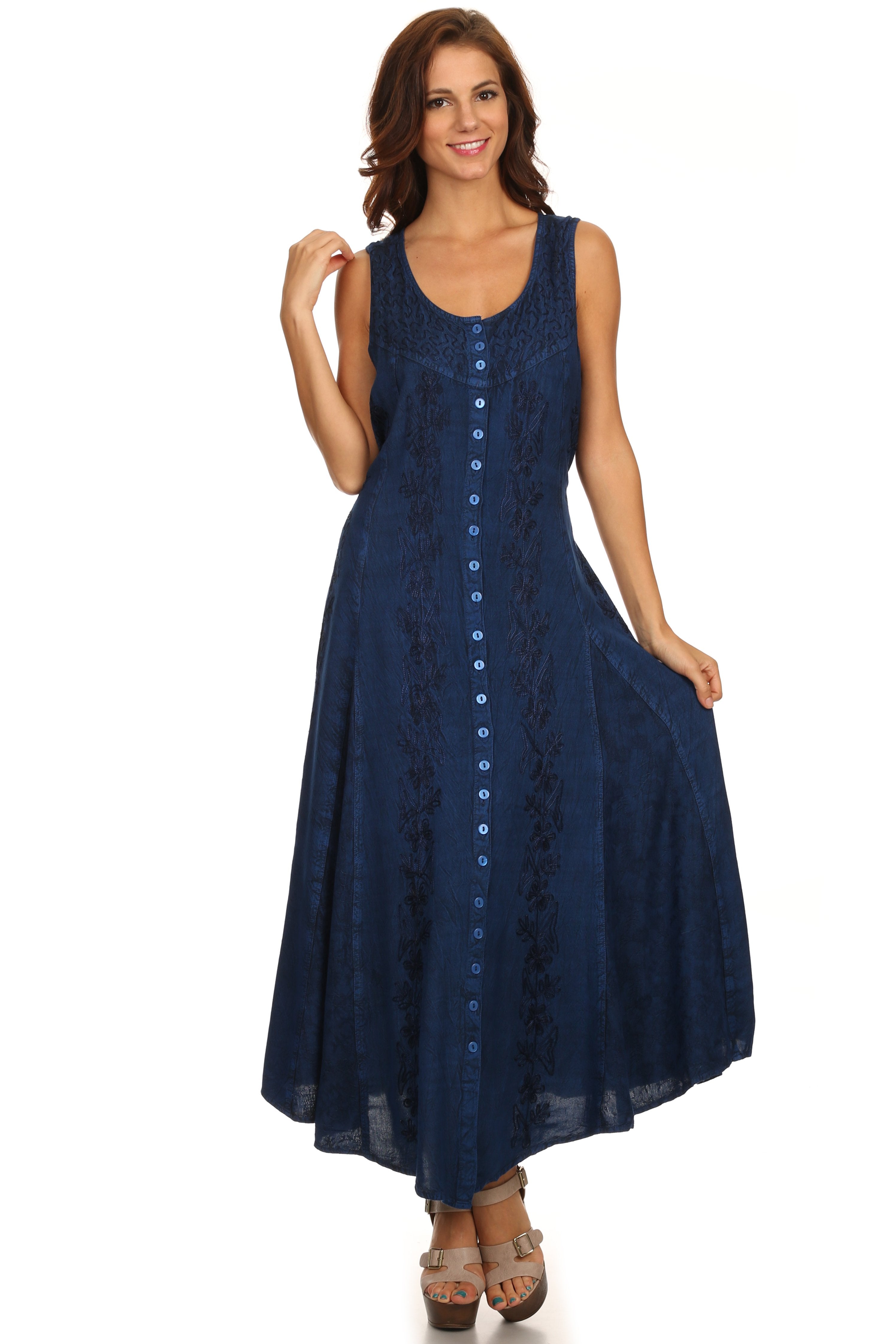 Sakkas - Maya Floral Embroidered Sleeveless Button Up Rayon Dress