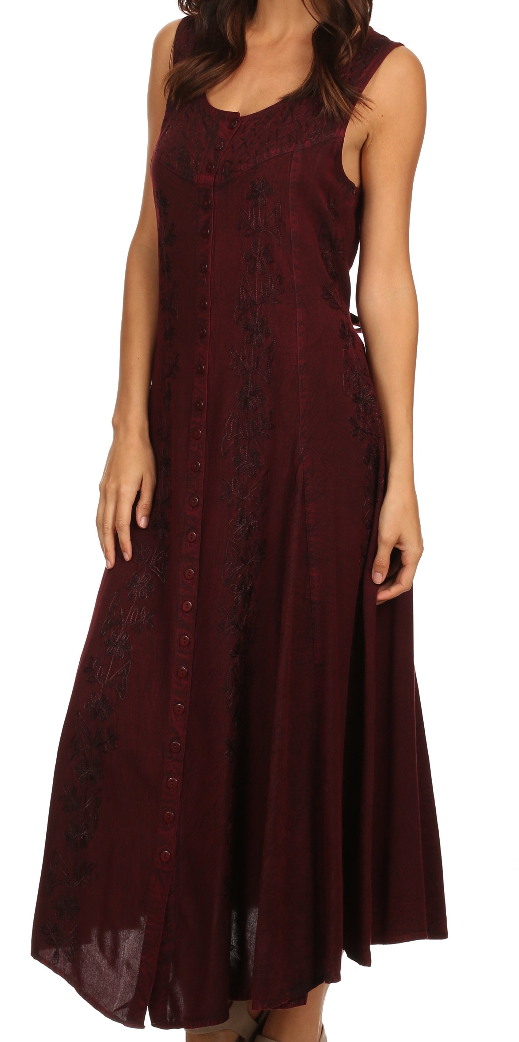 Sakkas - Maya Floral Embroidered Sleeveless Button Up Rayon Dress