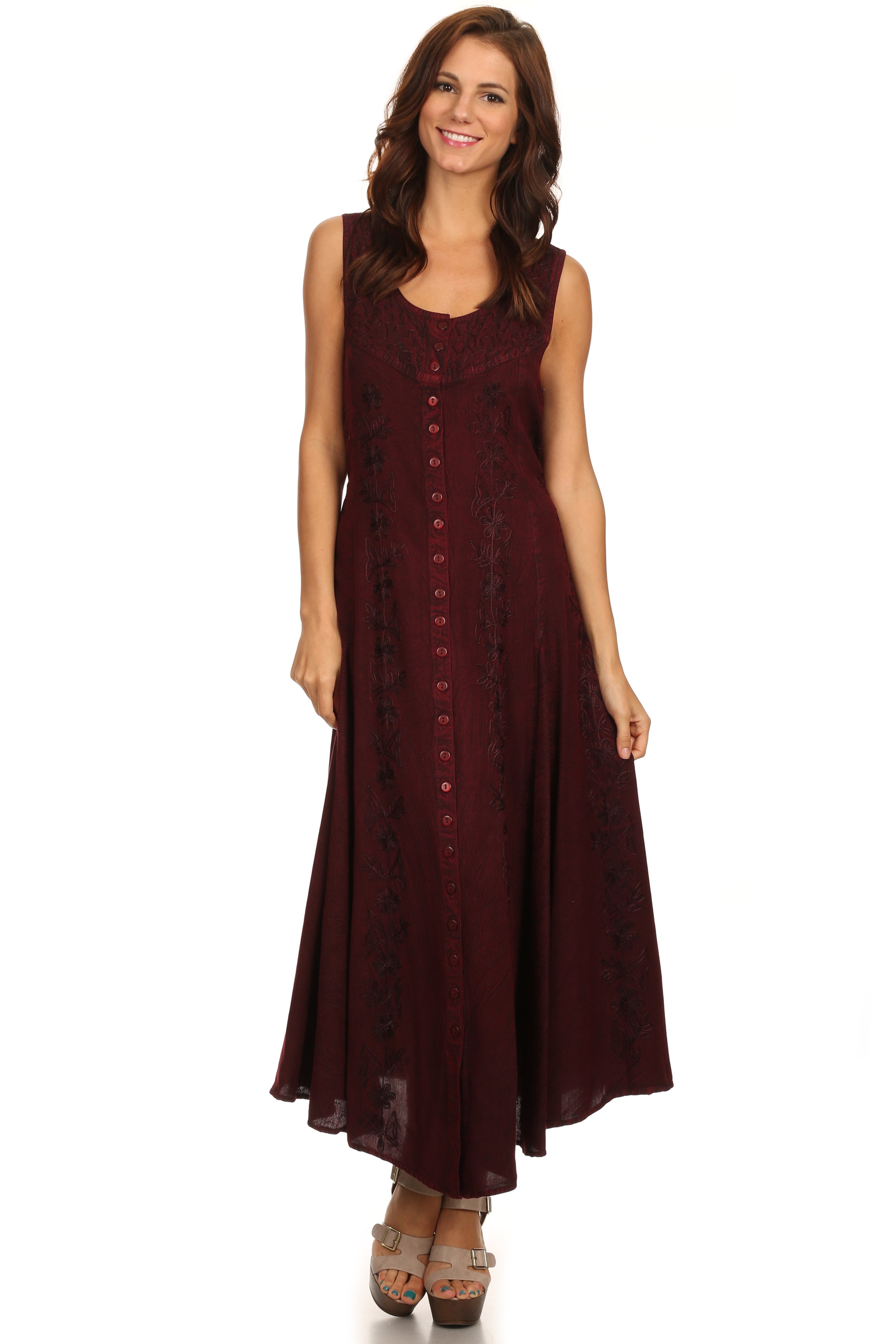 Sakkas - Maya Floral Embroidered Sleeveless Button Up Rayon Dress