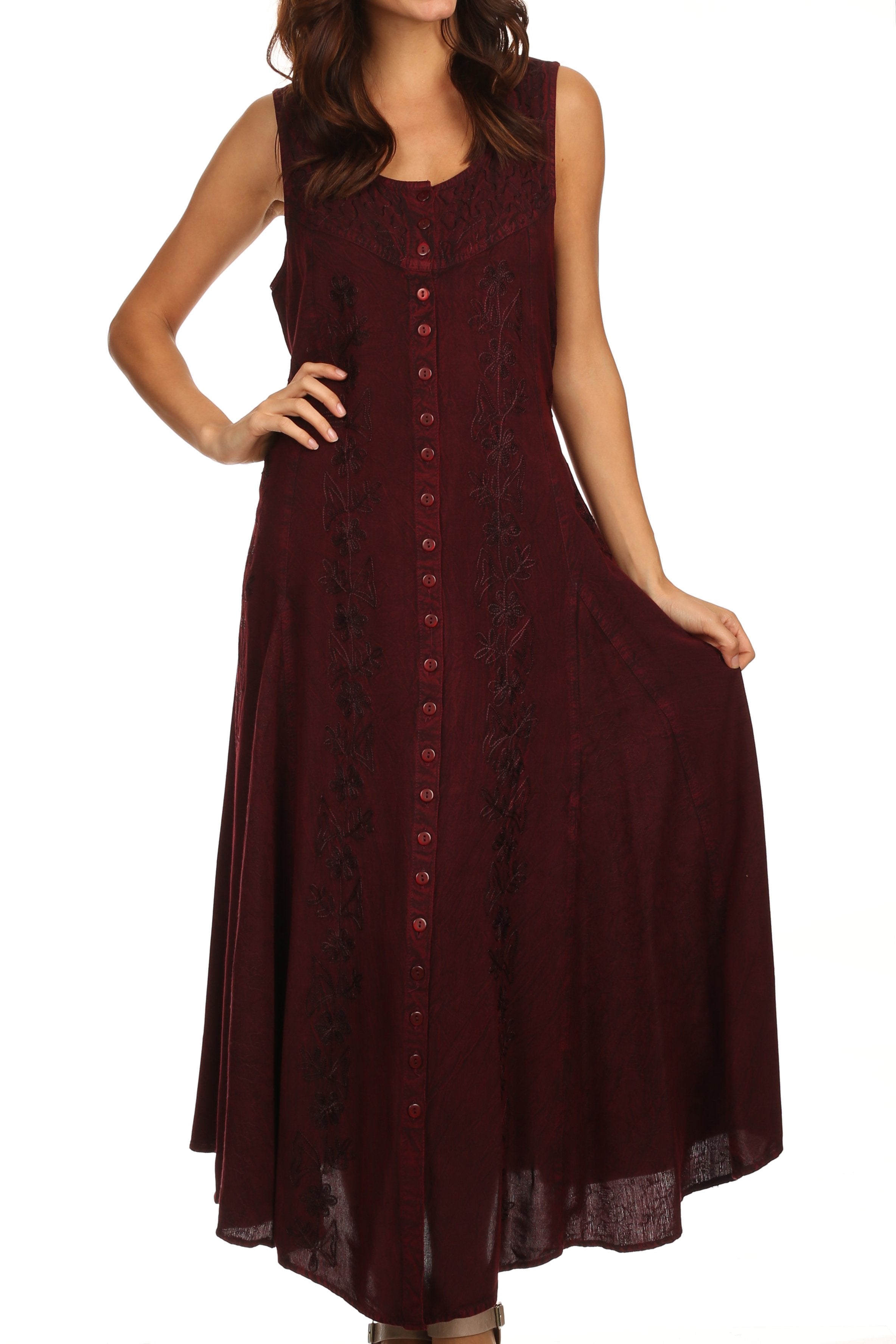 Sakkas - Maya Floral Embroidered Sleeveless Button Up Rayon Dress