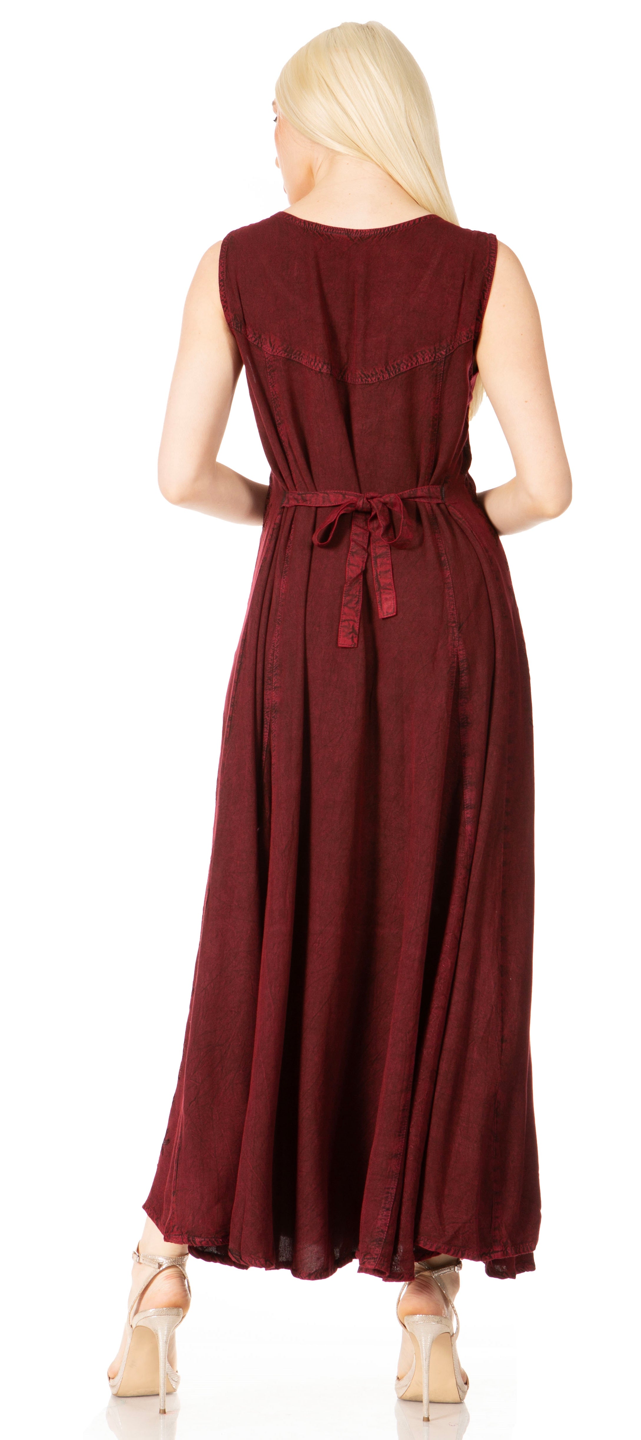 Sakkas - Maya Floral Embroidered Sleeveless Button Up Rayon Dress