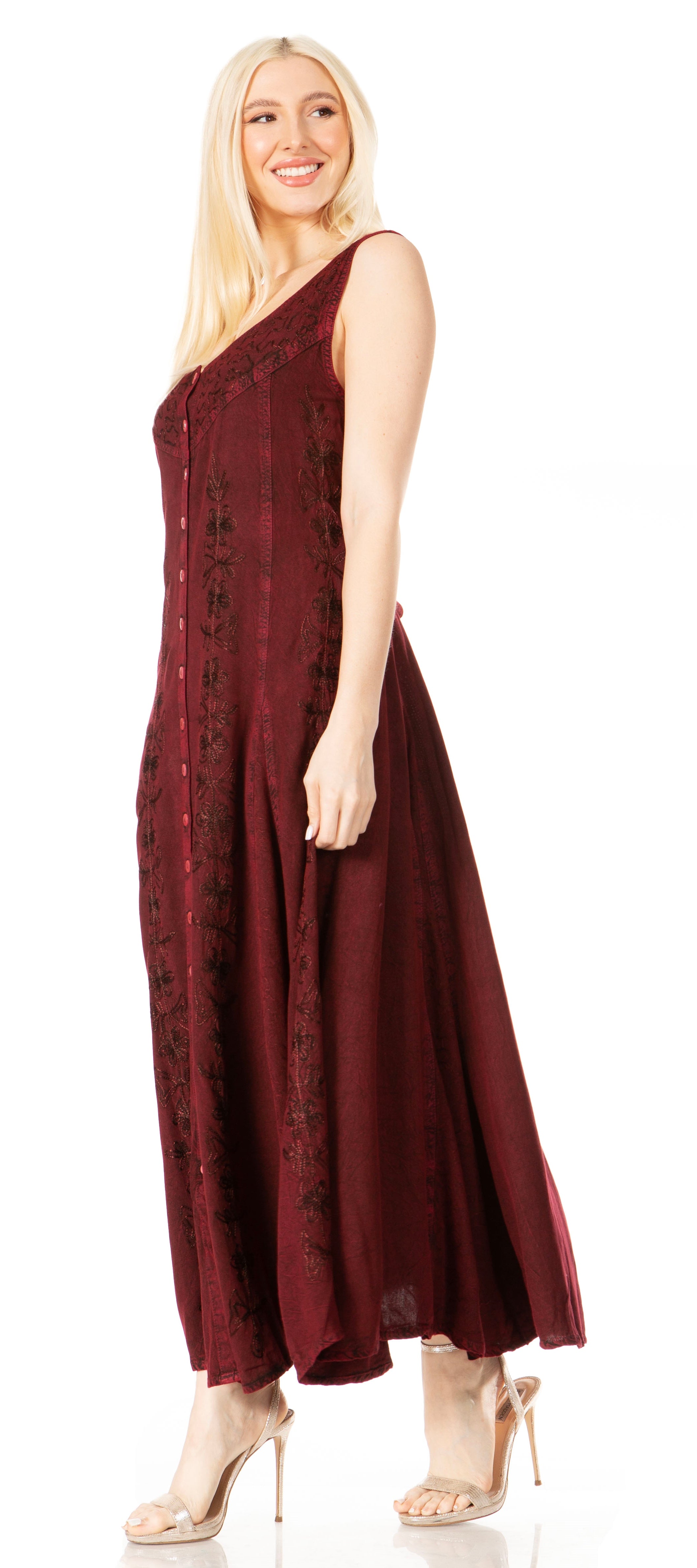 Sakkas - Maya Floral Embroidered Sleeveless Button Up Rayon Dress