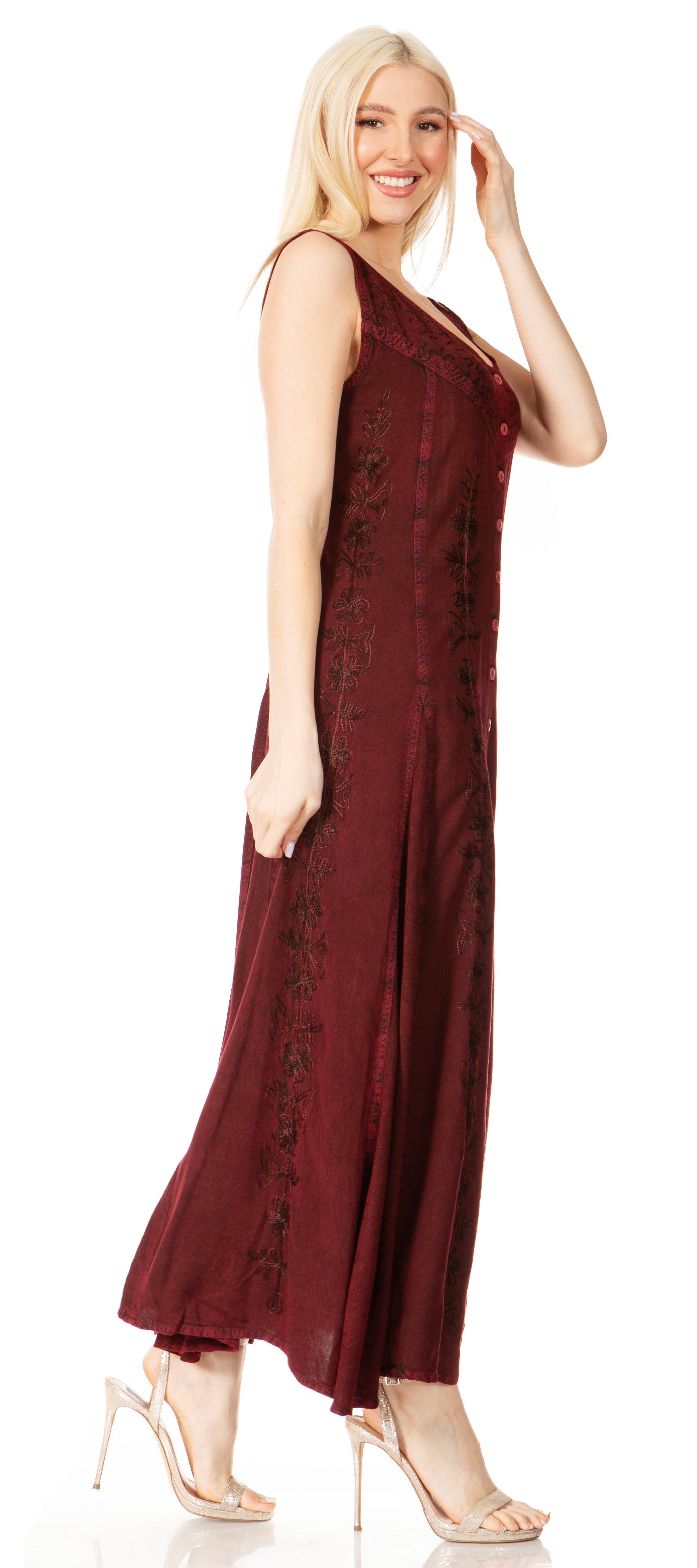 Sakkas - Maya Floral Embroidered Sleeveless Button Up Rayon Dress
