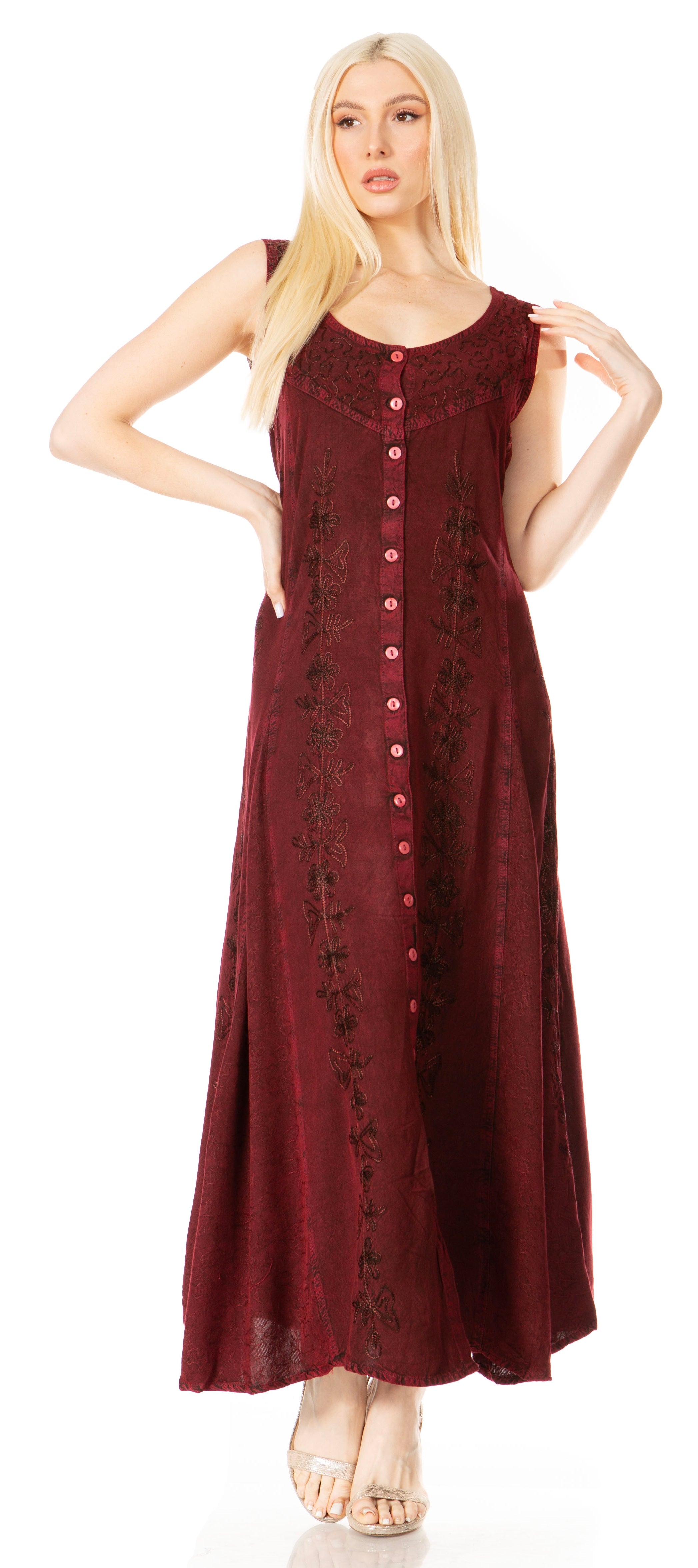 Sakkas - Maya Floral Embroidered Sleeveless Button Up Rayon Dress