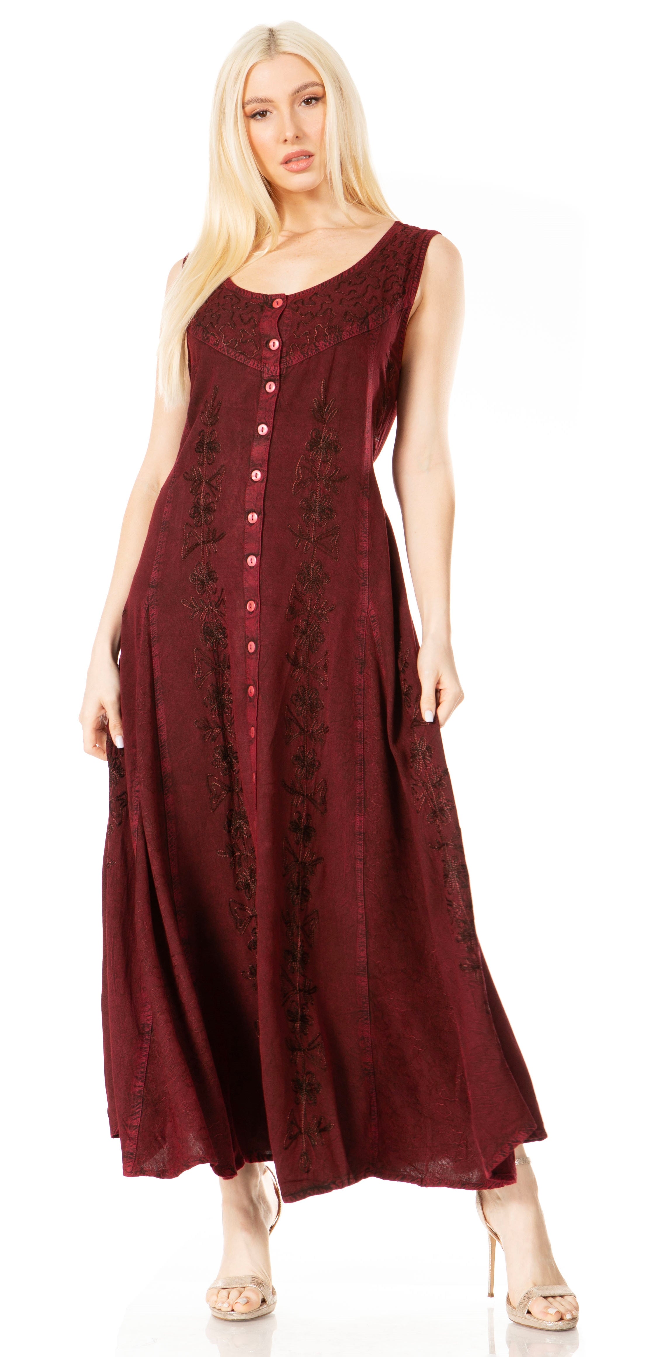 Sakkas - Maya Floral Embroidered Sleeveless Button Up Rayon Dress