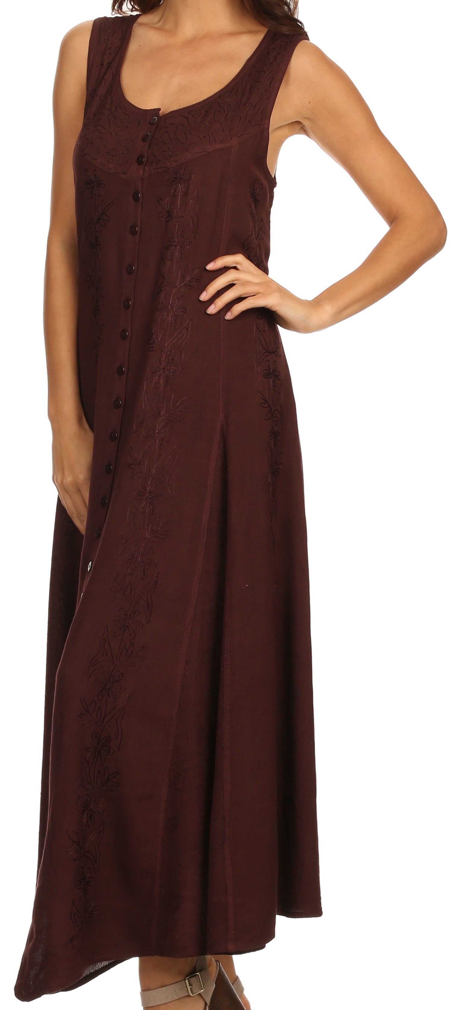 Sakkas - Maya Floral Embroidered Sleeveless Button Up Rayon Dress