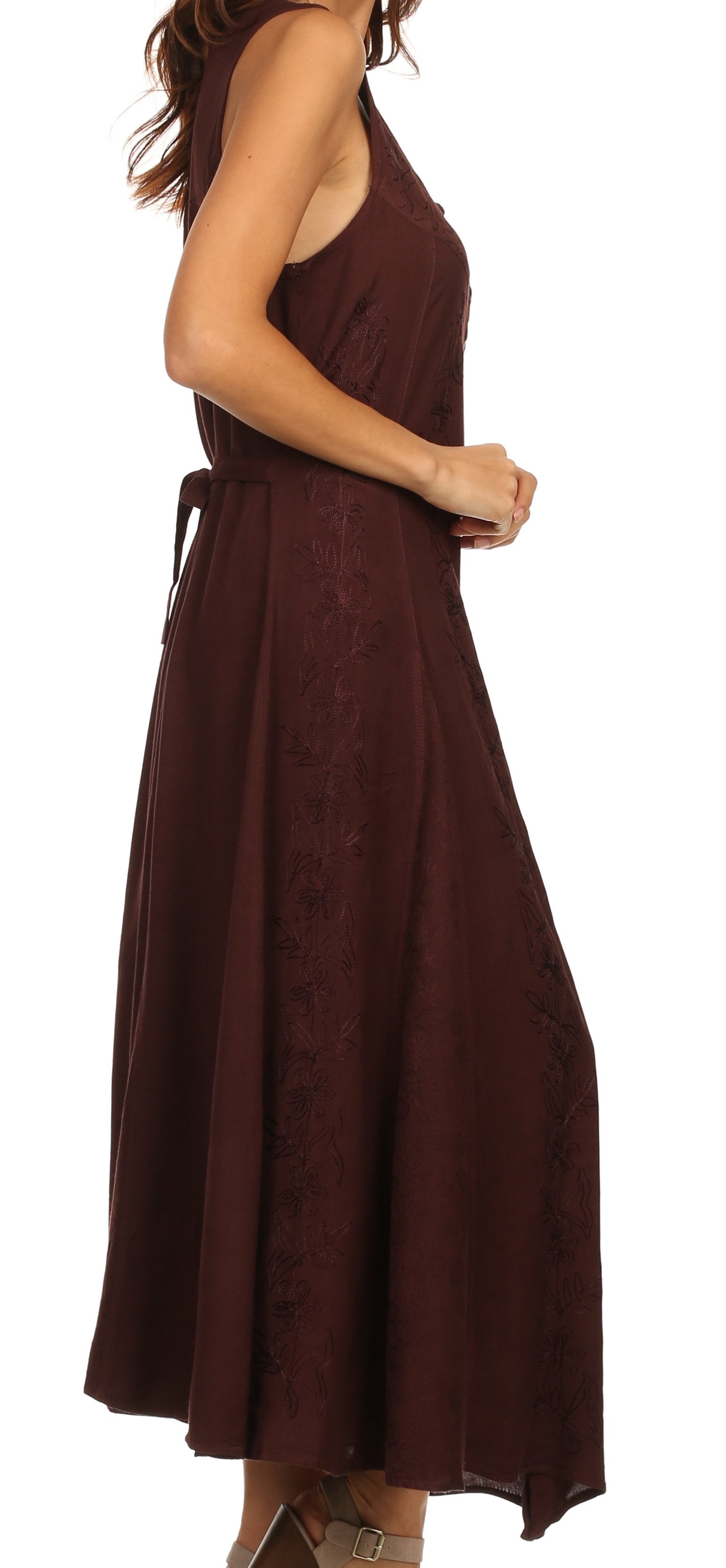 Sakkas - Maya Floral Embroidered Sleeveless Button Up Rayon Dress