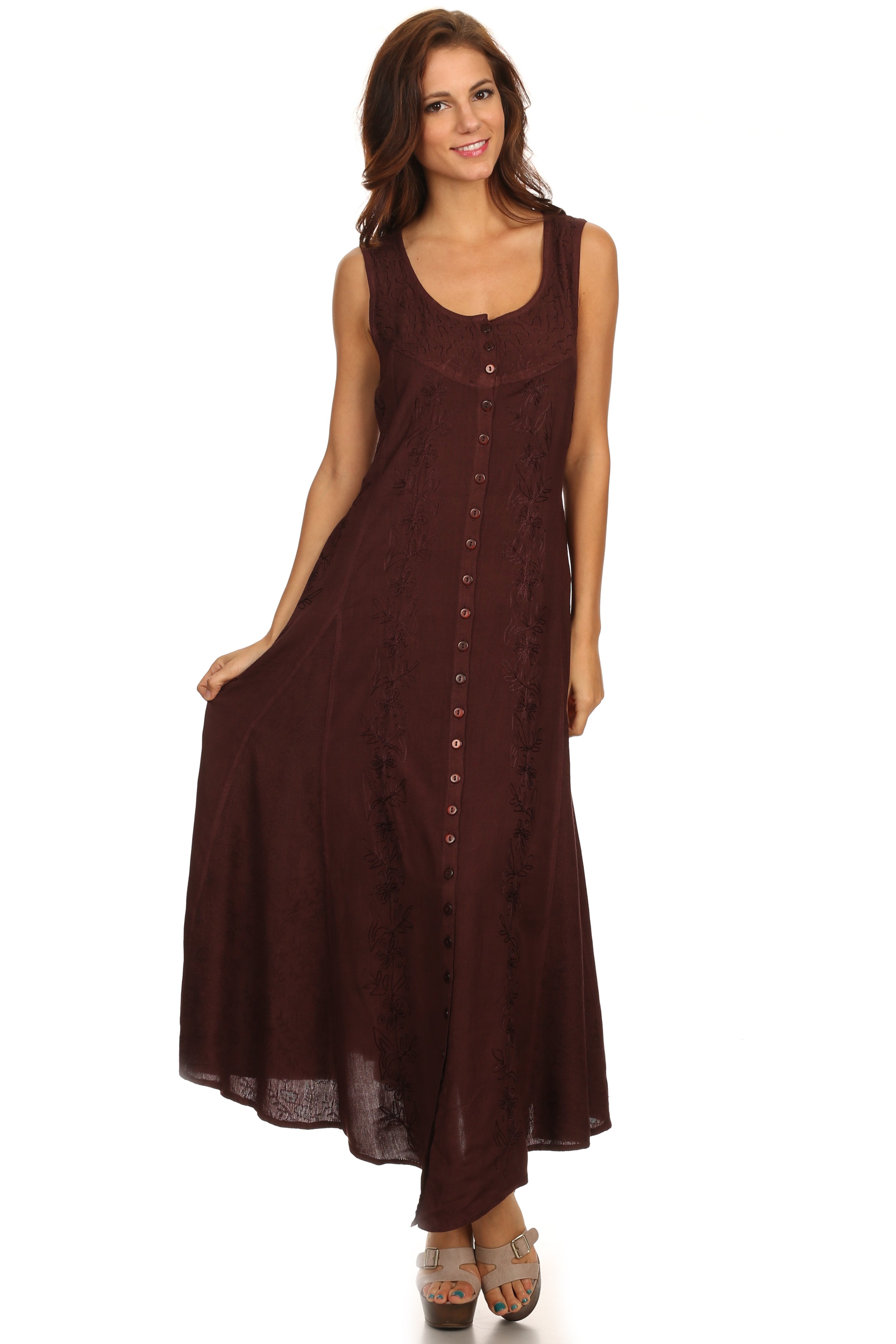 Sakkas - Maya Floral Embroidered Sleeveless Button Up Rayon Dress