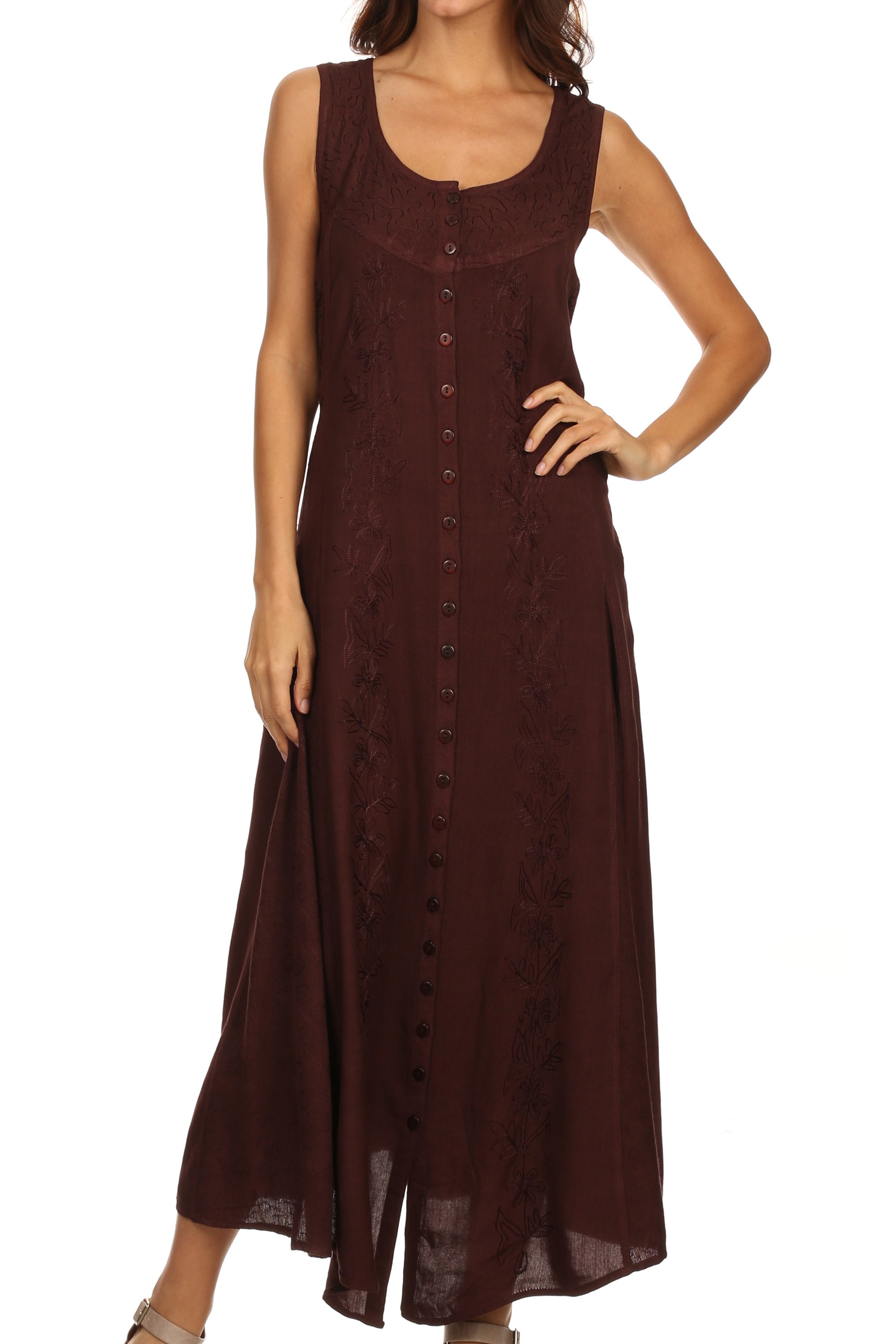 Sakkas - Maya Floral Embroidered Sleeveless Button Up Rayon Dress