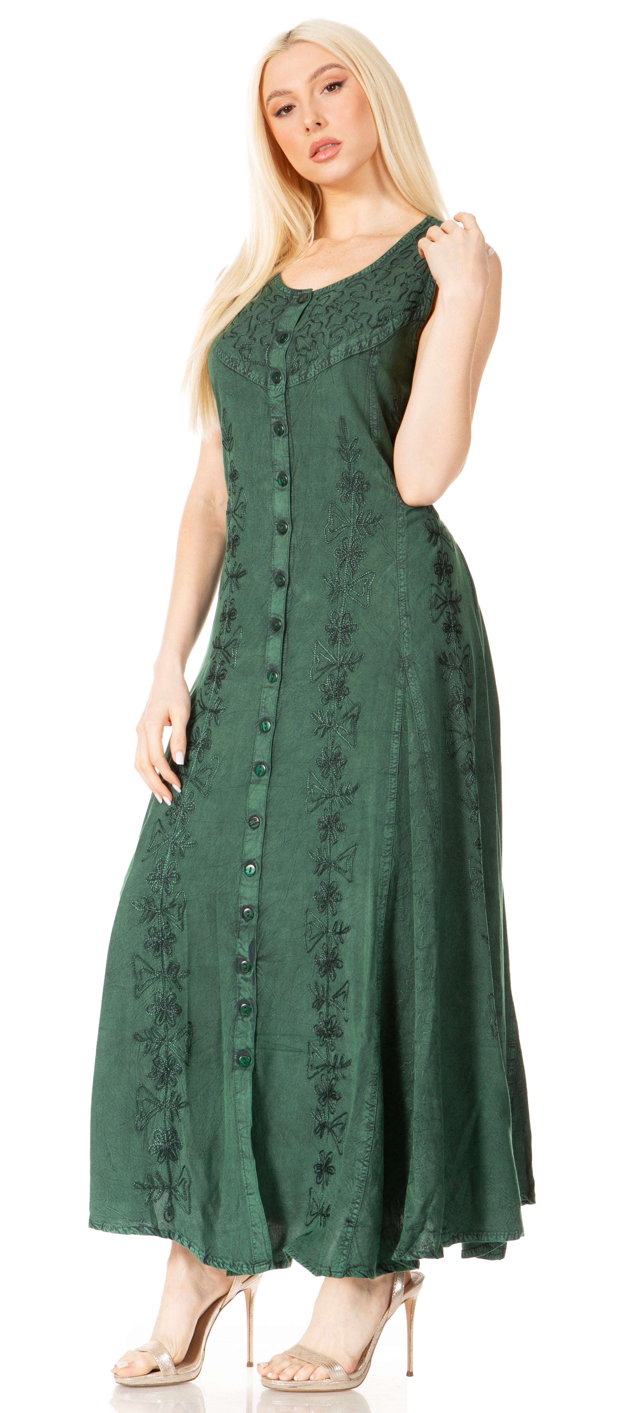 Sakkas - Maya Floral Embroidered Sleeveless Button Up Rayon Dress