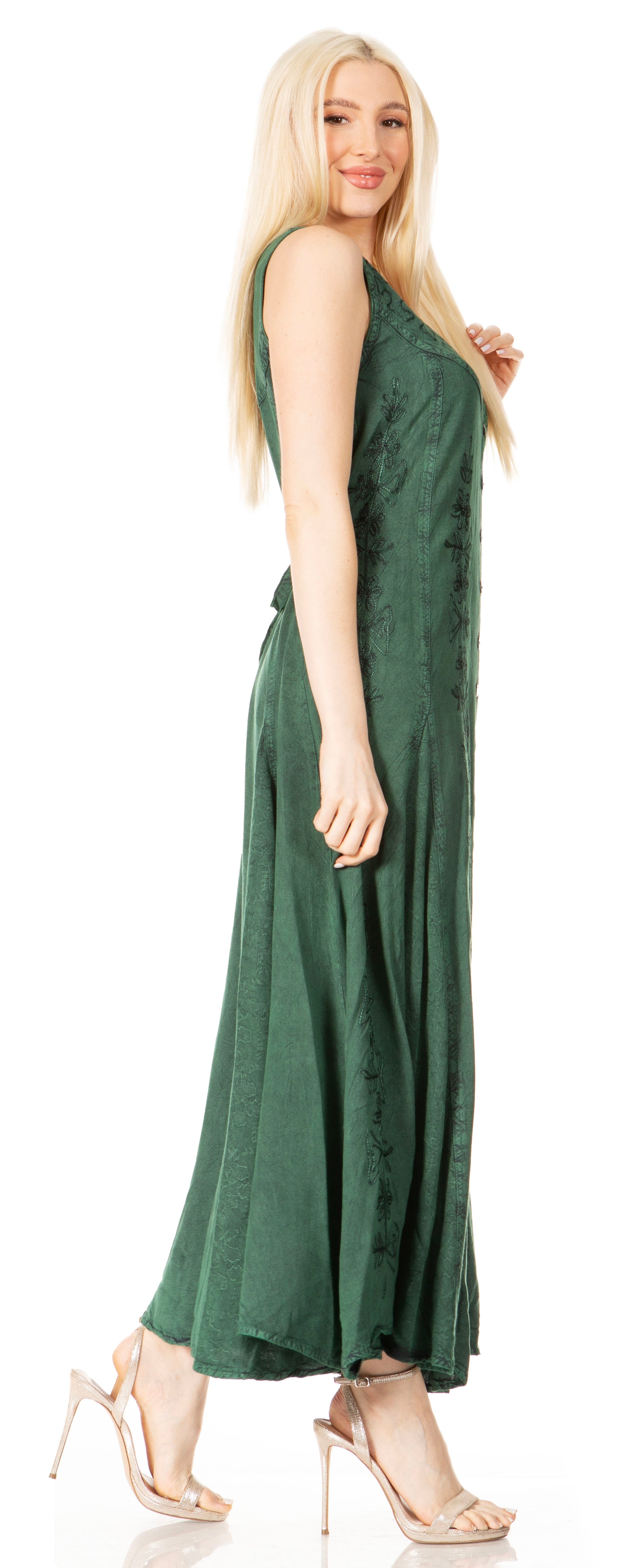 Sakkas - Maya Floral Embroidered Sleeveless Button Up Rayon Dress