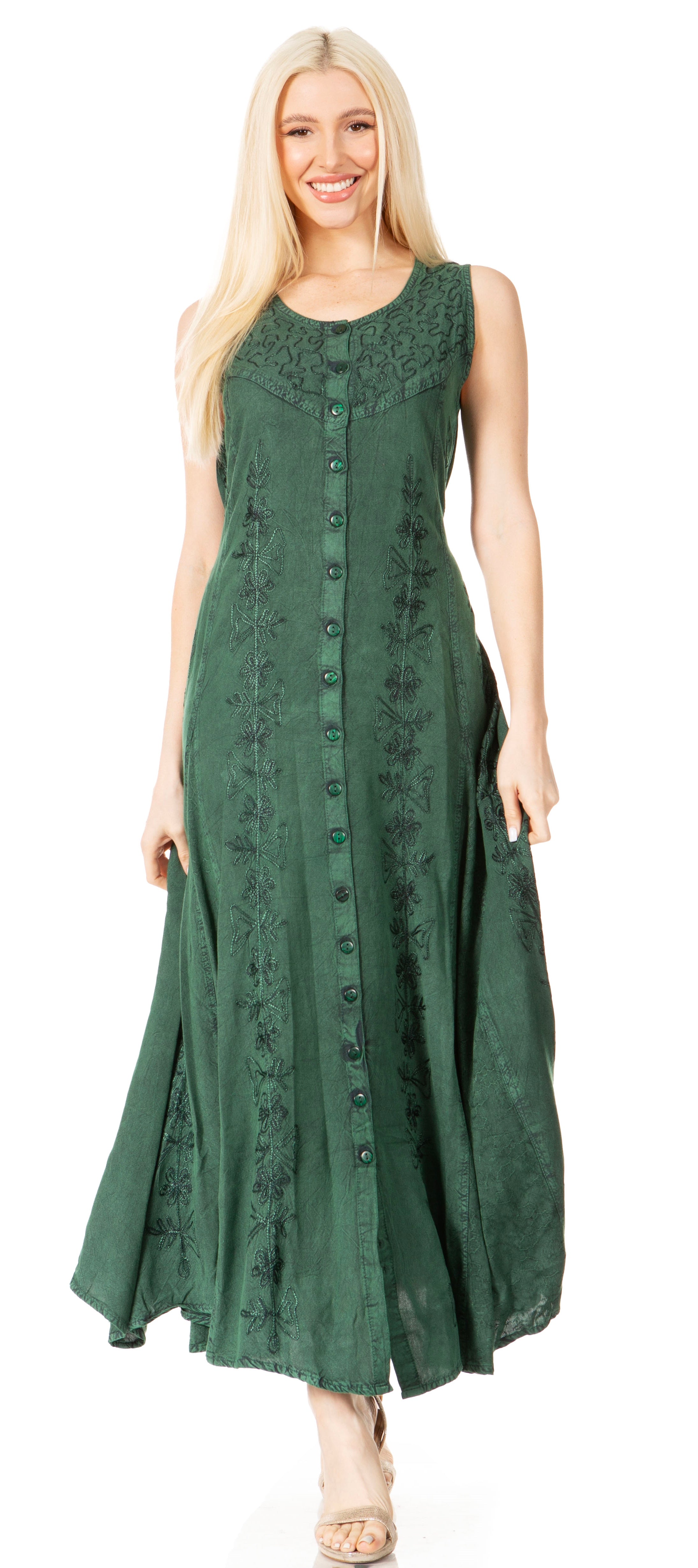 Sakkas - Maya Floral Embroidered Sleeveless Button Up Rayon Dress