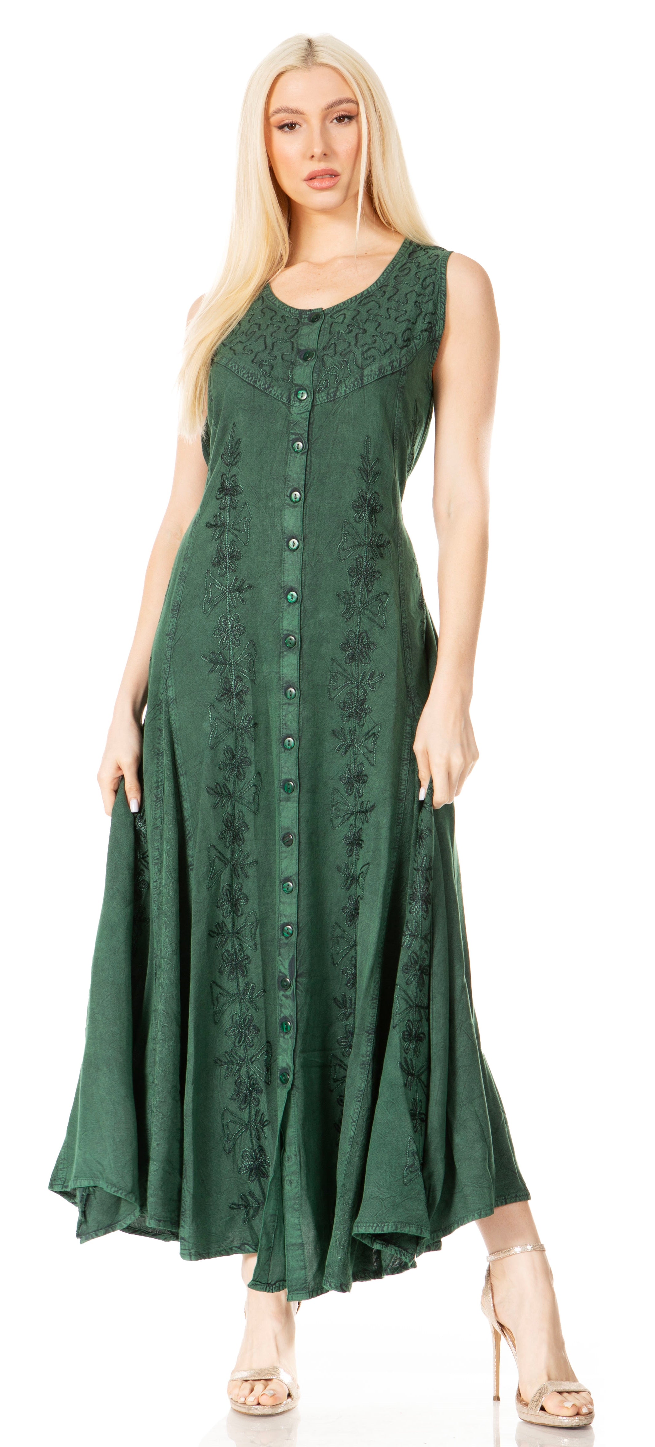 Sakkas - Maya Floral Embroidered Sleeveless Button Up Rayon Dress