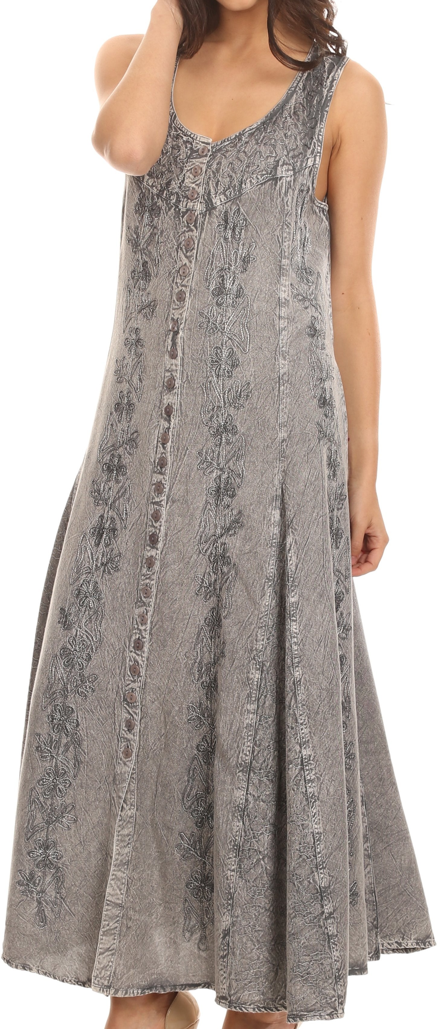 Sakkas - Maya Floral Embroidered Sleeveless Button Up Rayon Dress