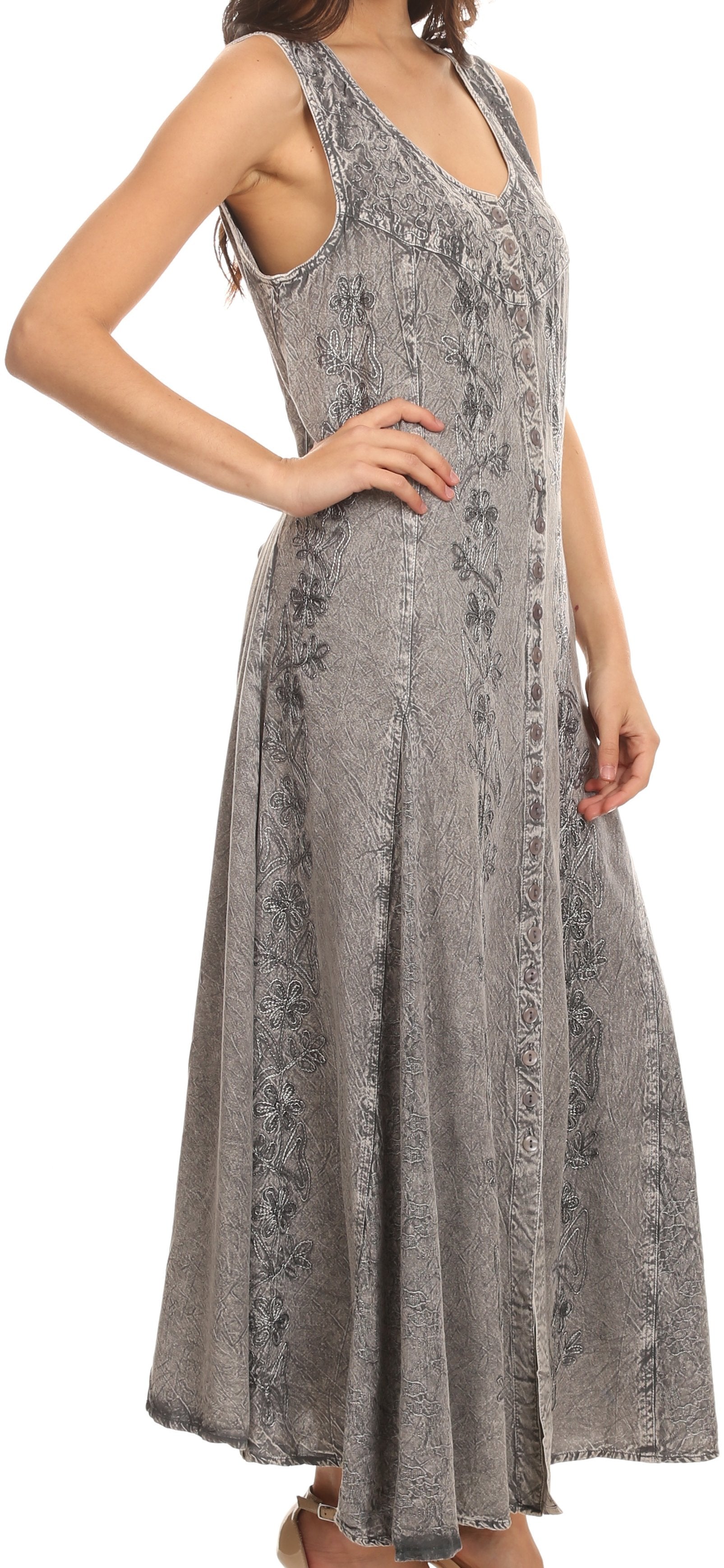 Sakkas - Maya Floral Embroidered Sleeveless Button Up Rayon Dress