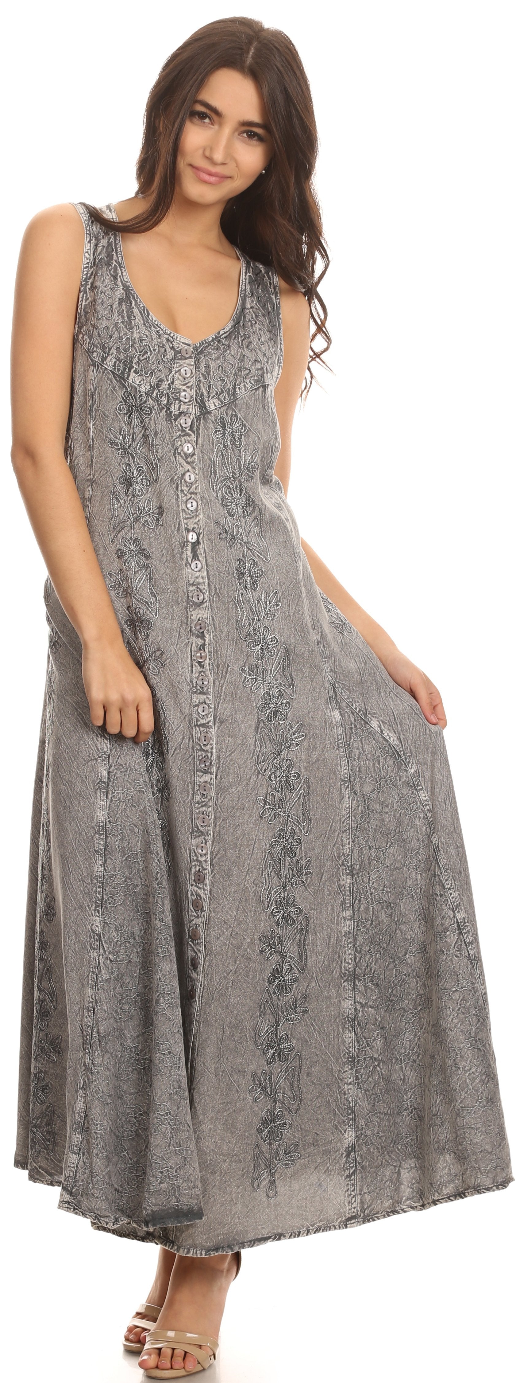 Sakkas - Maya Floral Embroidered Sleeveless Button Up Rayon Dress