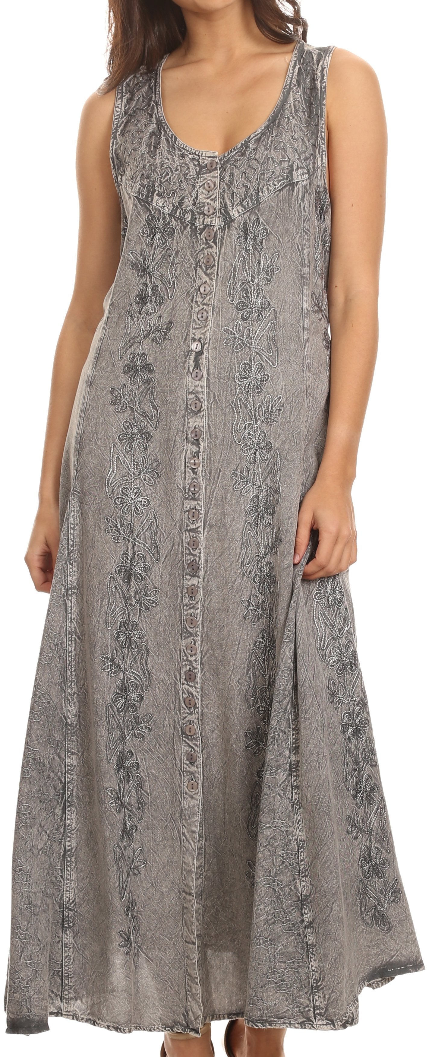 Sakkas - Maya Floral Embroidered Sleeveless Button Up Rayon Dress
