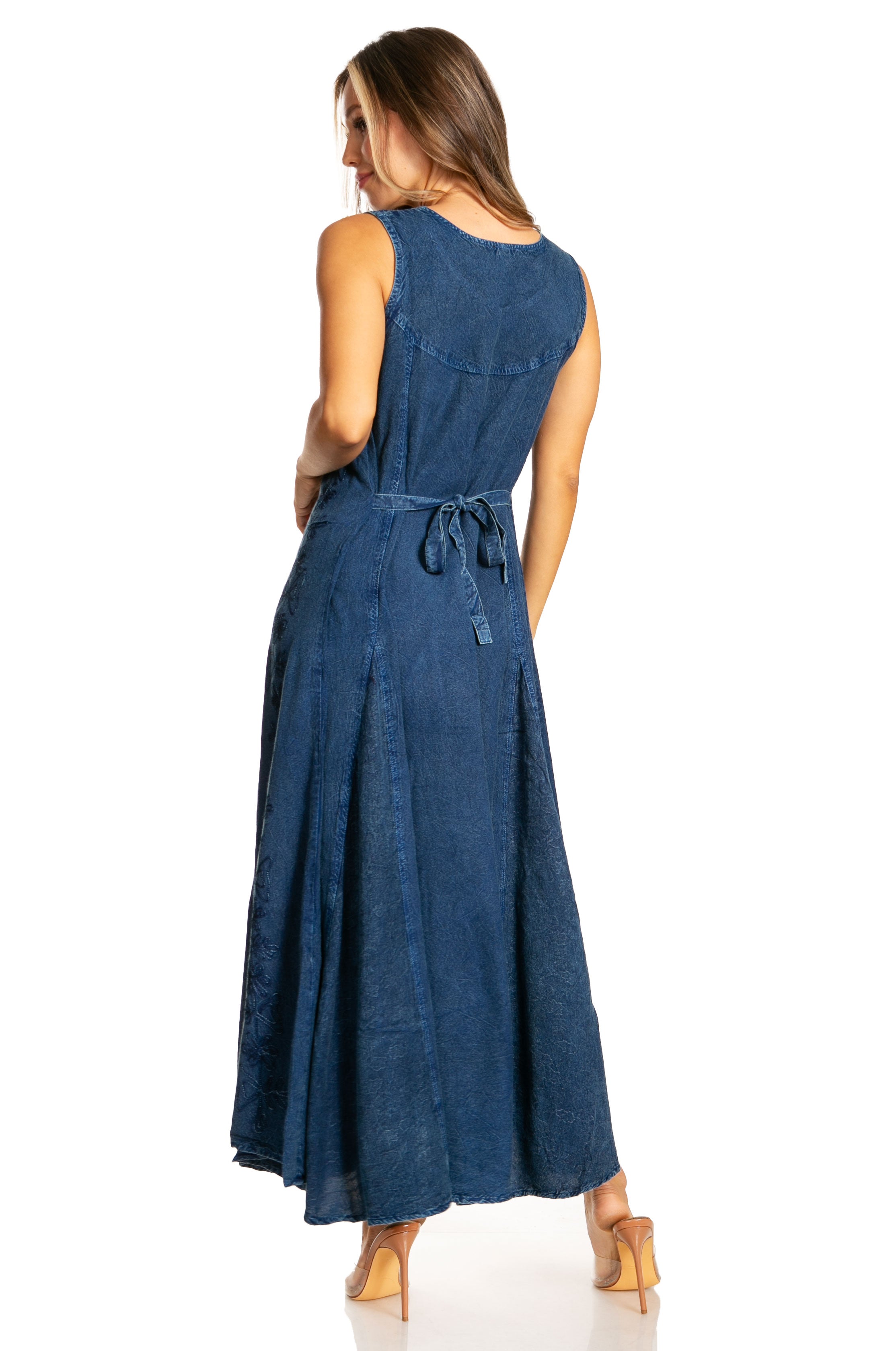 Sakkas - Maya Floral Embroidered Sleeveless Button Up Rayon Dress