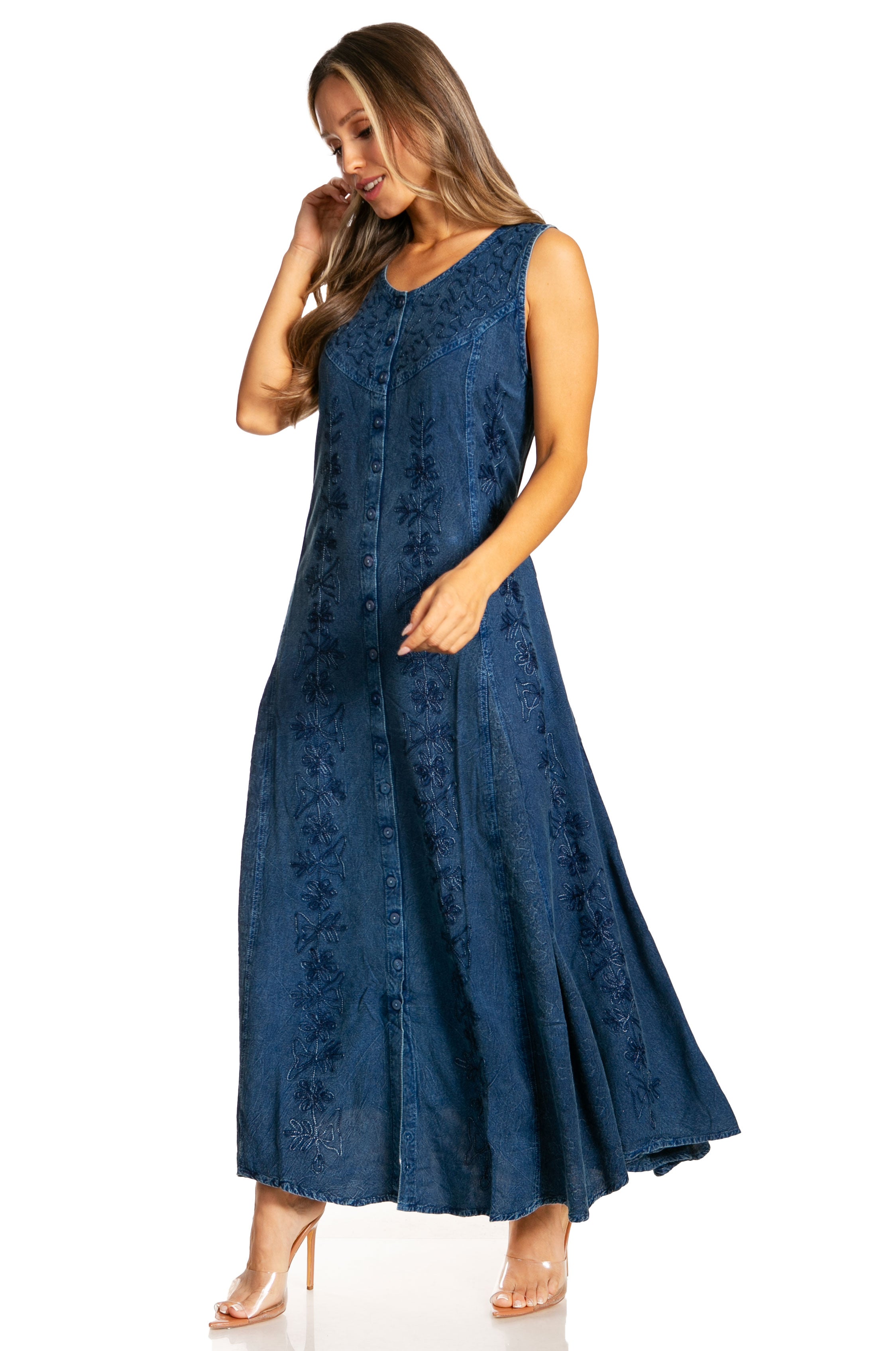 Sakkas - Maya Floral Embroidered Sleeveless Button Up Rayon Dress