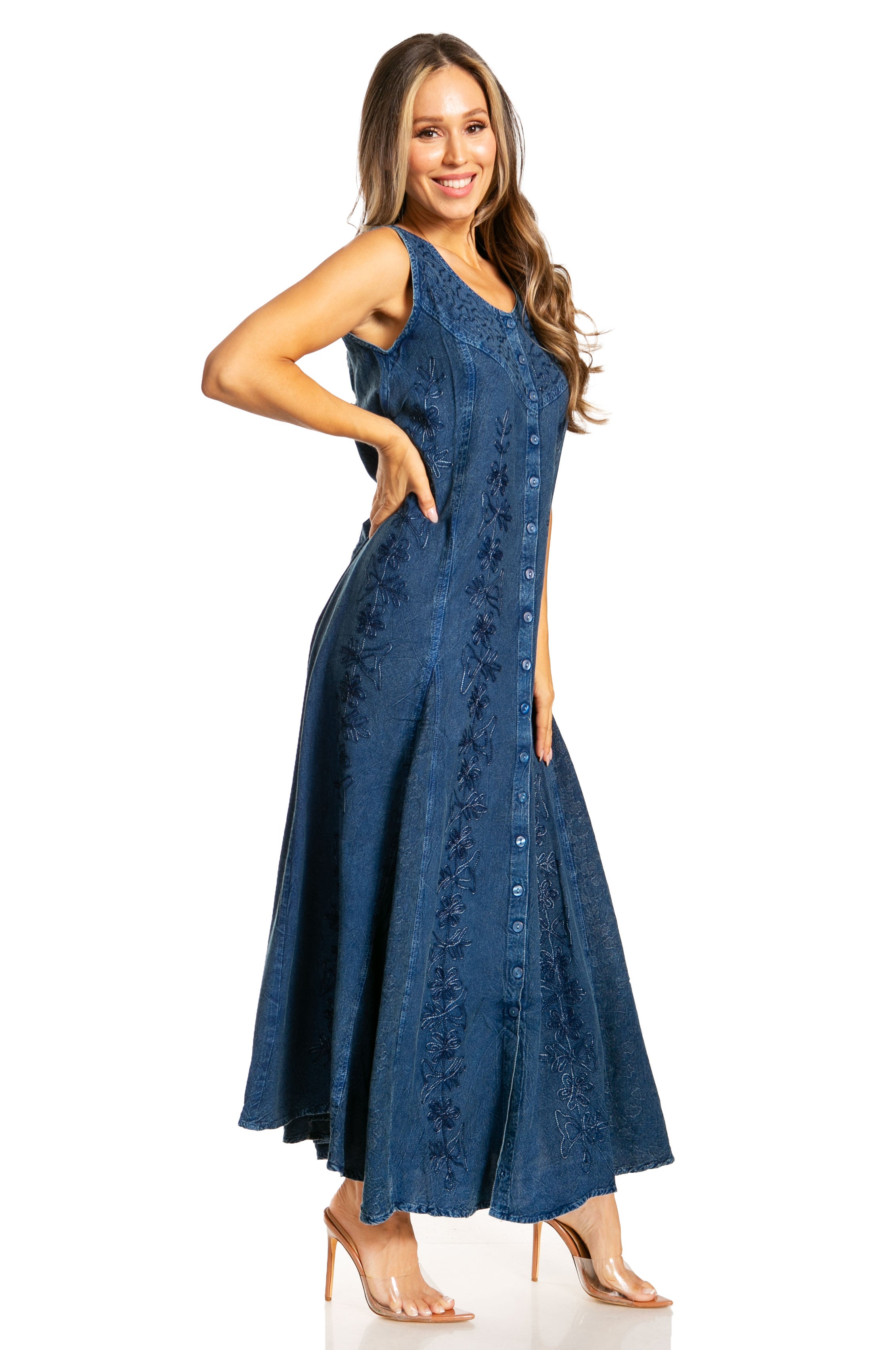 Sakkas - Maya Floral Embroidered Sleeveless Button Up Rayon Dress