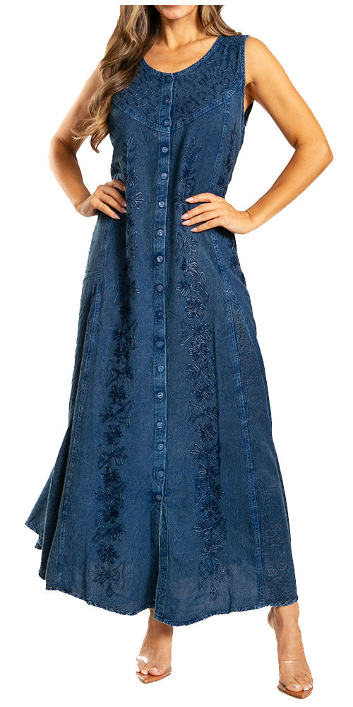 Sakkas - Maya Floral Embroidered Sleeveless Button Up Rayon Dress