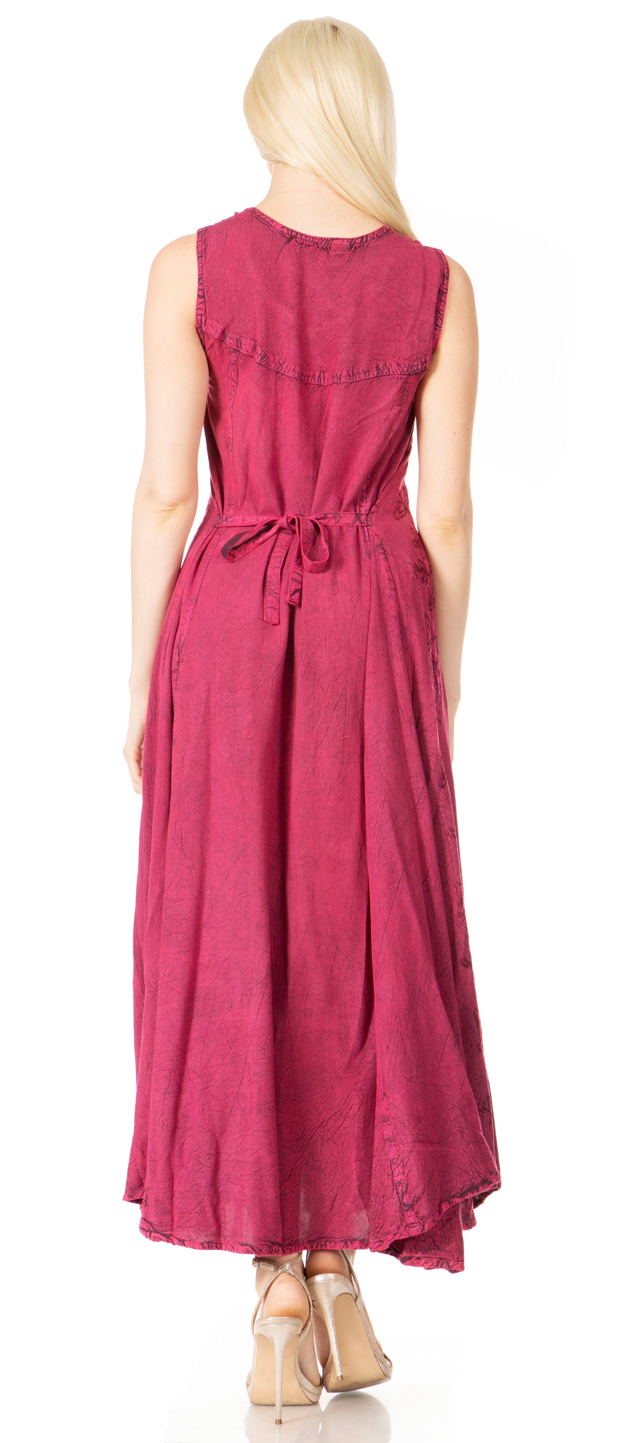 Sakkas - Maya Floral Embroidered Sleeveless Button Up Rayon Dress
