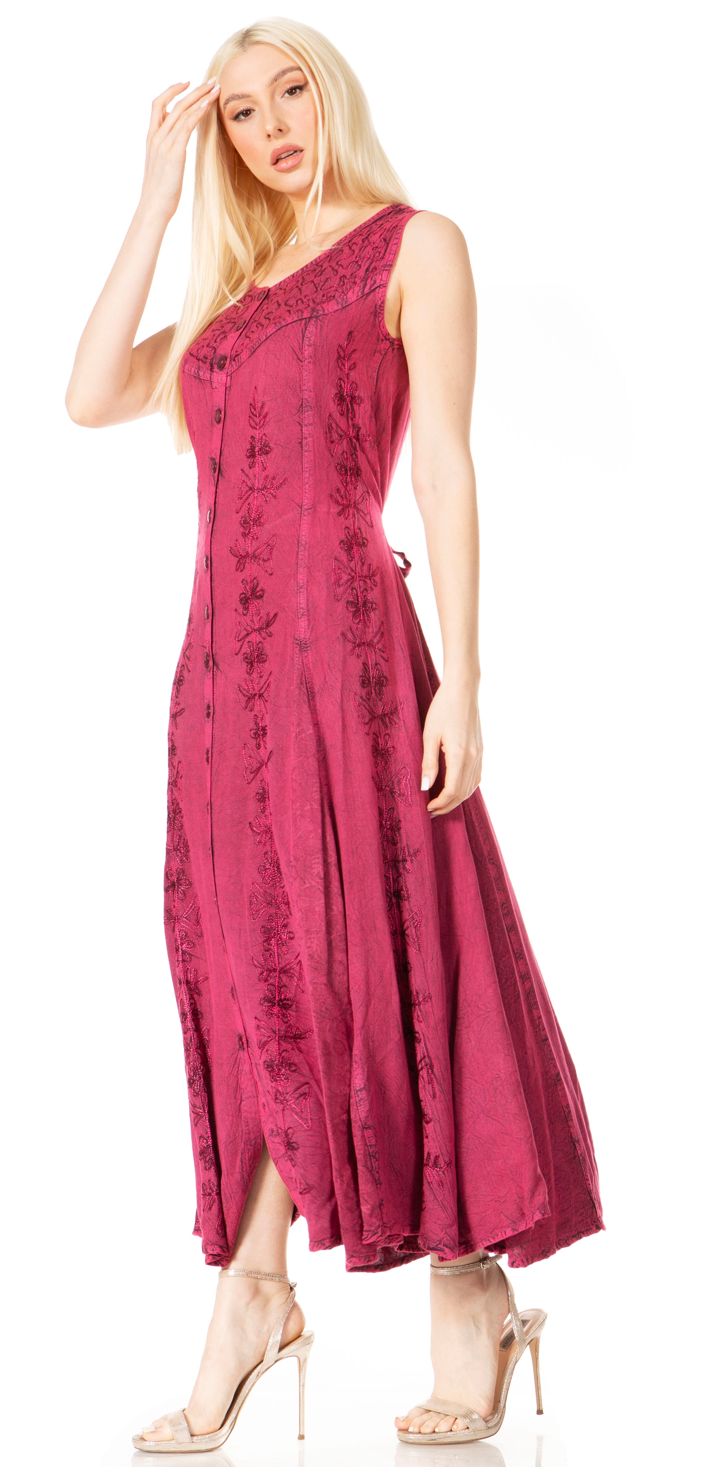 Sakkas - Maya Floral Embroidered Sleeveless Button Up Rayon Dress