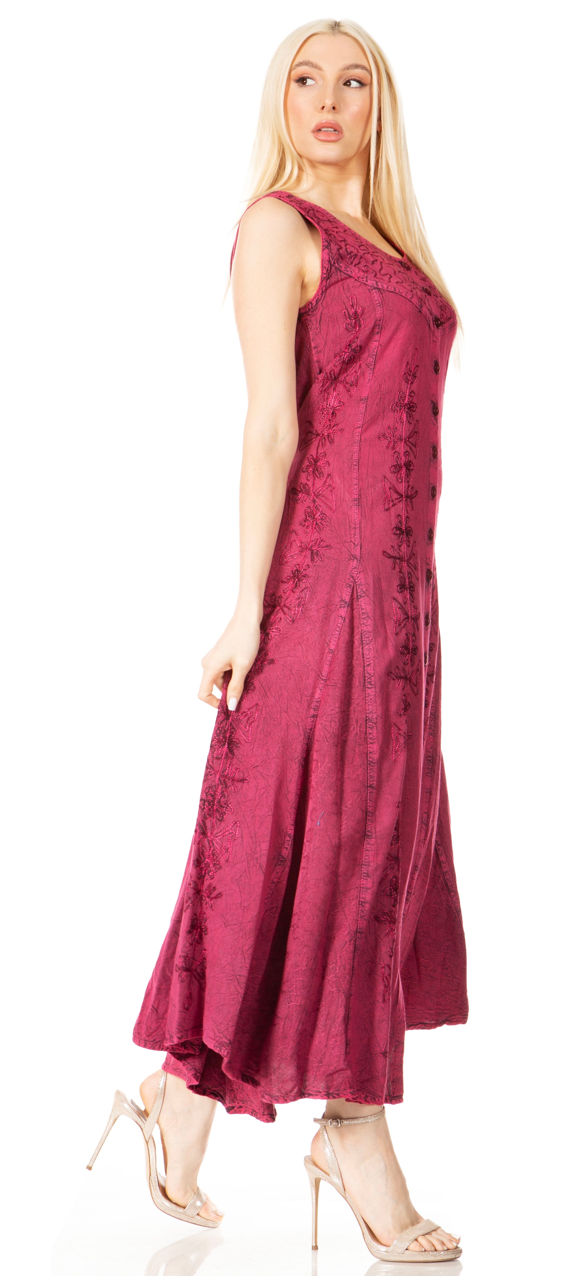 Sakkas - Maya Floral Embroidered Sleeveless Button Up Rayon Dress