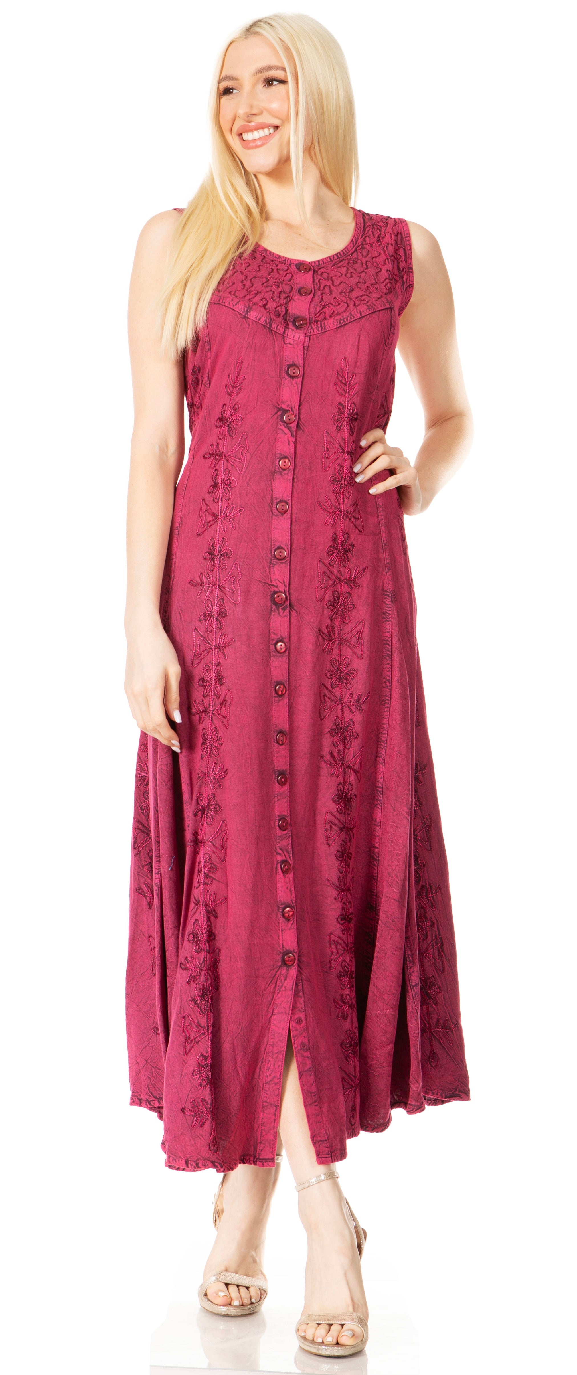 Sakkas - Maya Floral Embroidered Sleeveless Button Up Rayon Dress