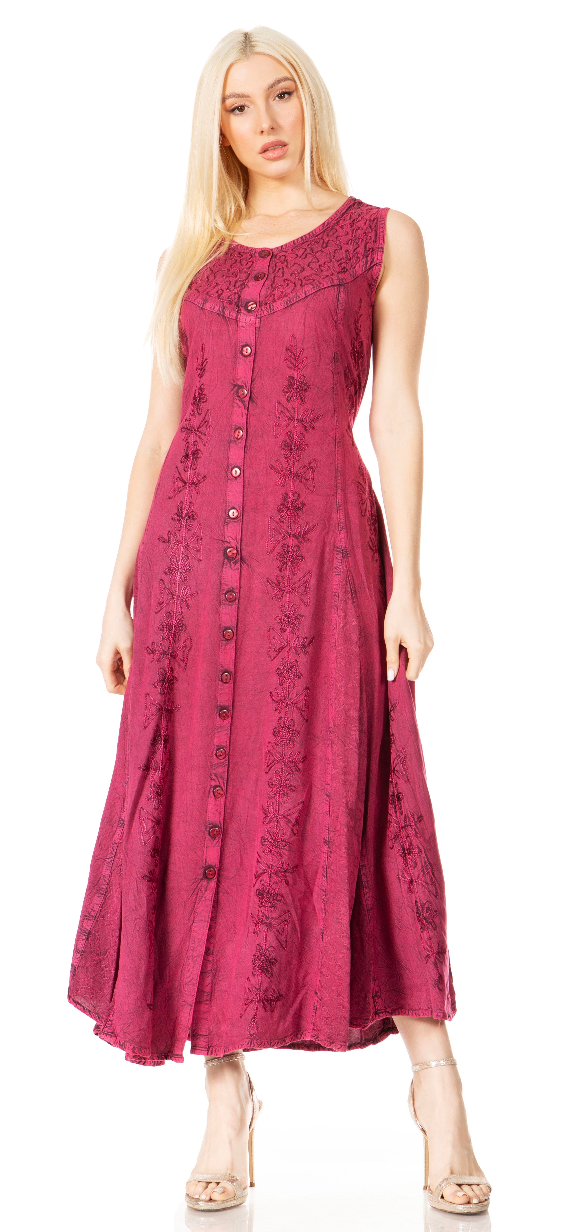 Sakkas - Maya Floral Embroidered Sleeveless Button Up Rayon Dress