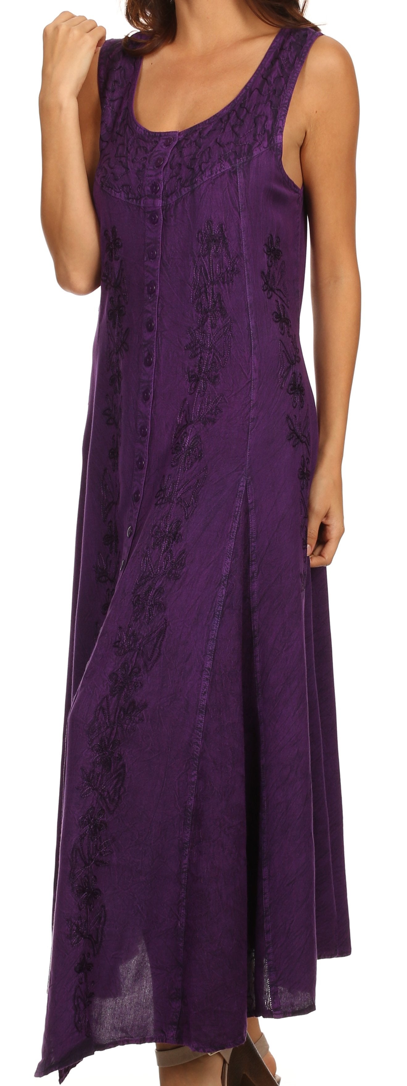 Sakkas - Maya Floral Embroidered Sleeveless Button Up Rayon Dress