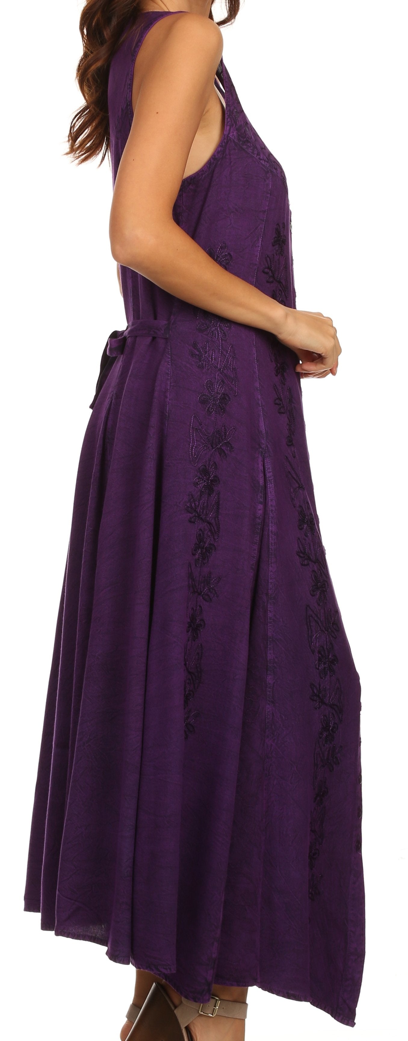 Sakkas - Maya Floral Embroidered Sleeveless Button Up Rayon Dress
