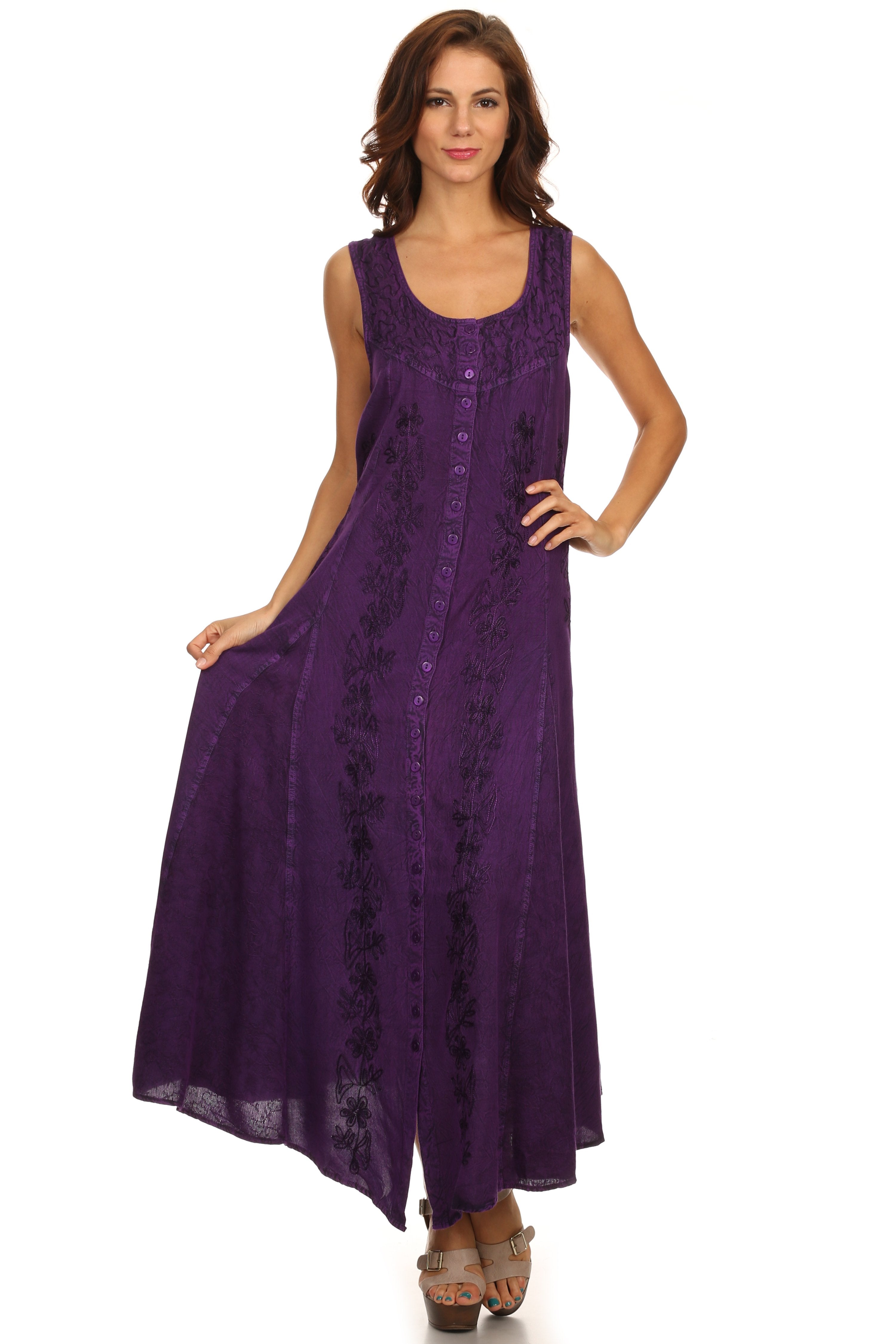 Sakkas - Maya Floral Embroidered Sleeveless Button Up Rayon Dress