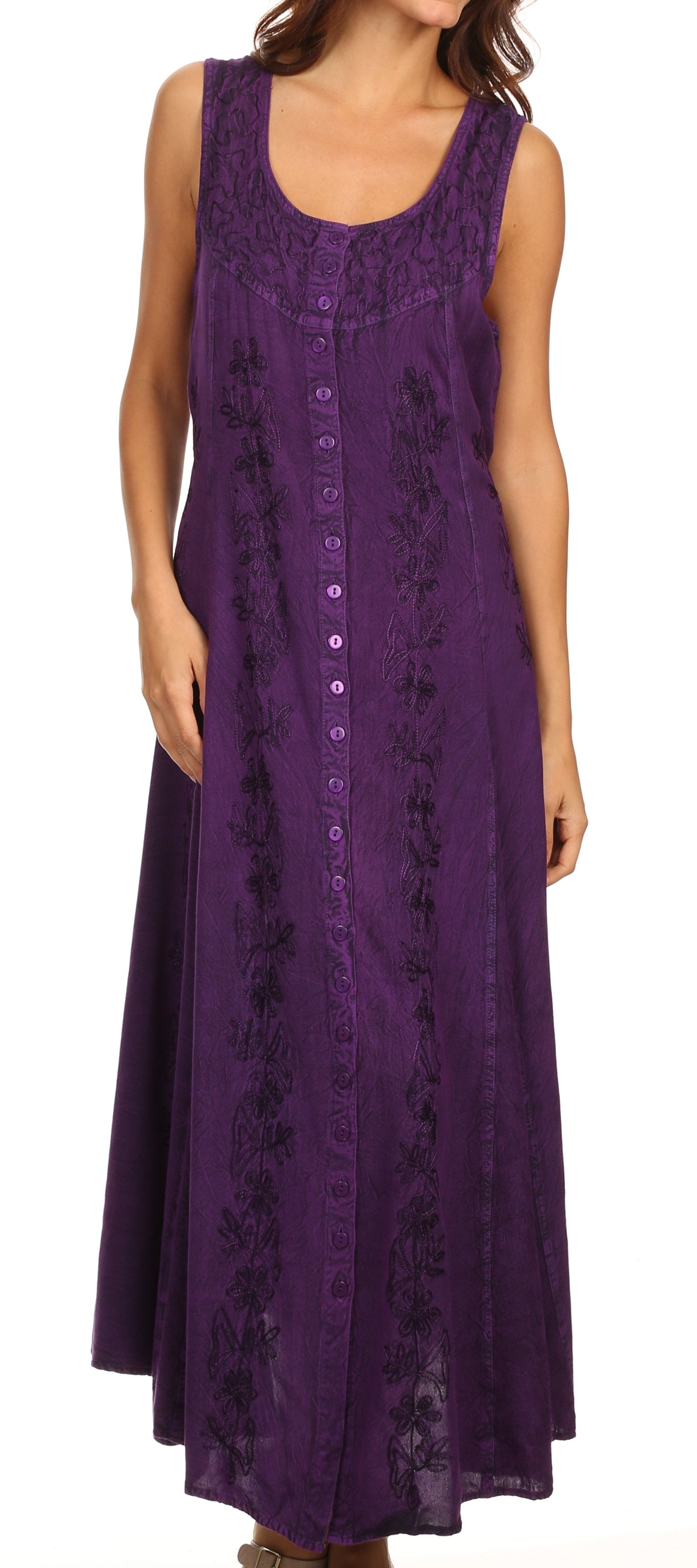 Sakkas - Maya Floral Embroidered Sleeveless Button Up Rayon Dress