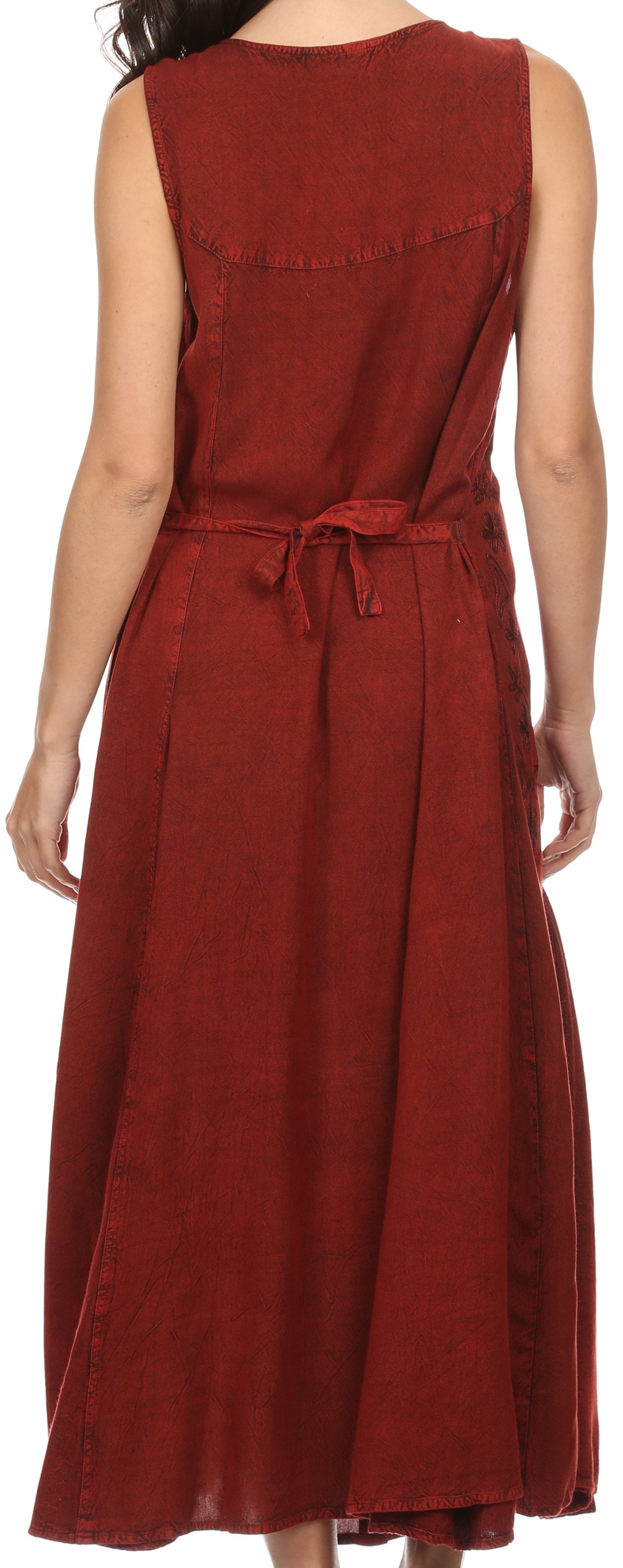 Sakkas - Maya Floral Embroidered Sleeveless Button Up Rayon Dress