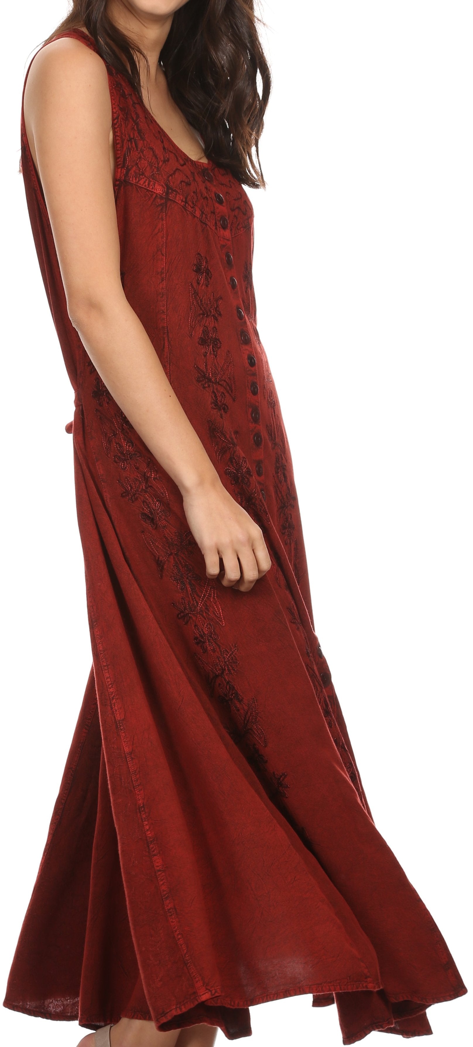 Sakkas - Maya Floral Embroidered Sleeveless Button Up Rayon Dress