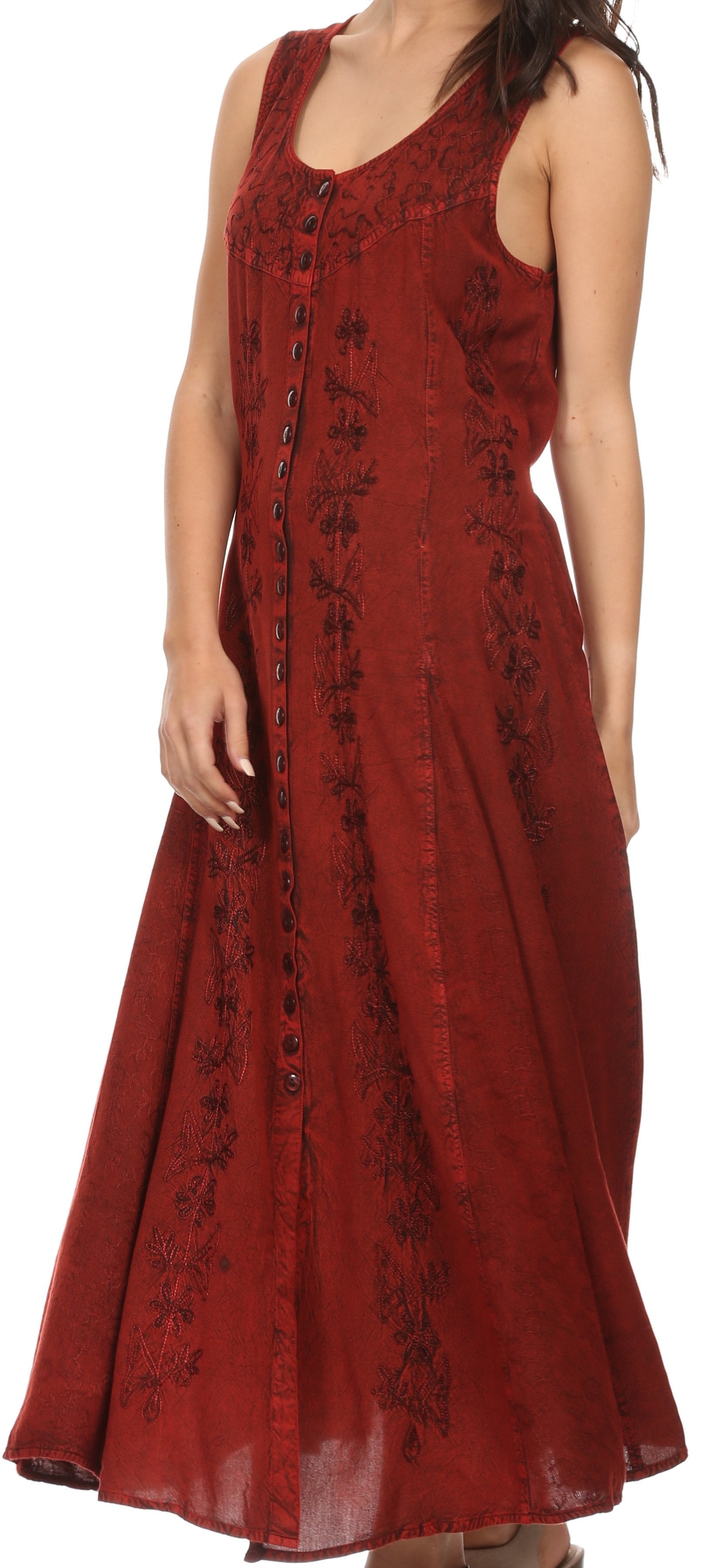 Sakkas - Maya Floral Embroidered Sleeveless Button Up Rayon Dress