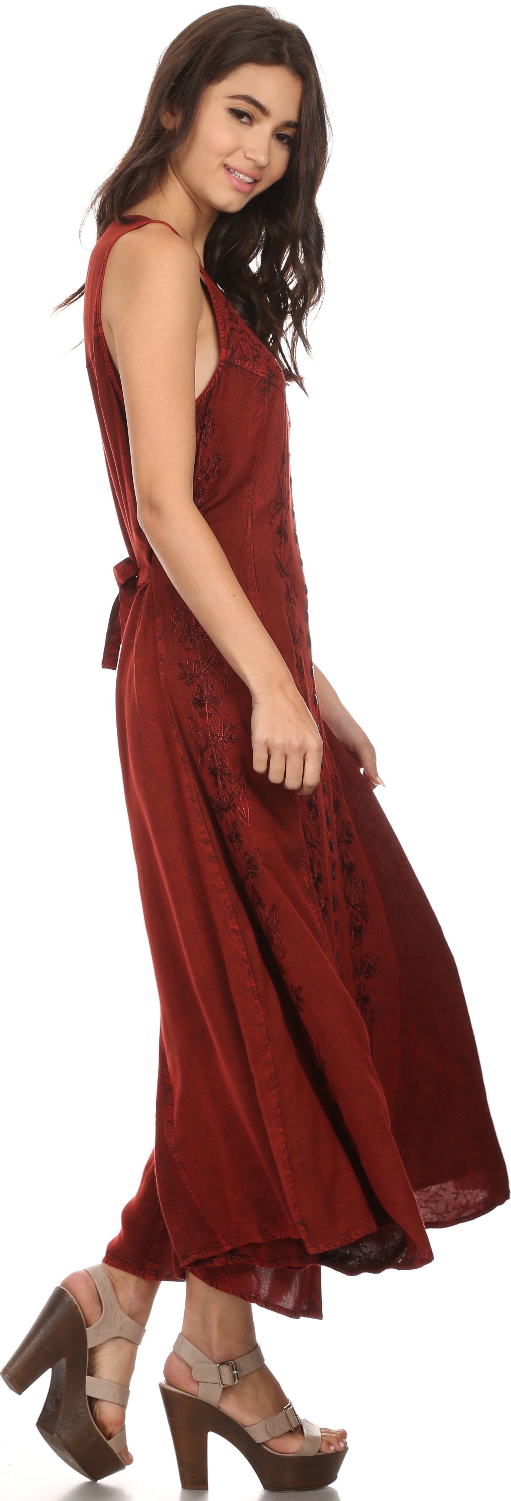 Sakkas - Maya Floral Embroidered Sleeveless Button Up Rayon Dress